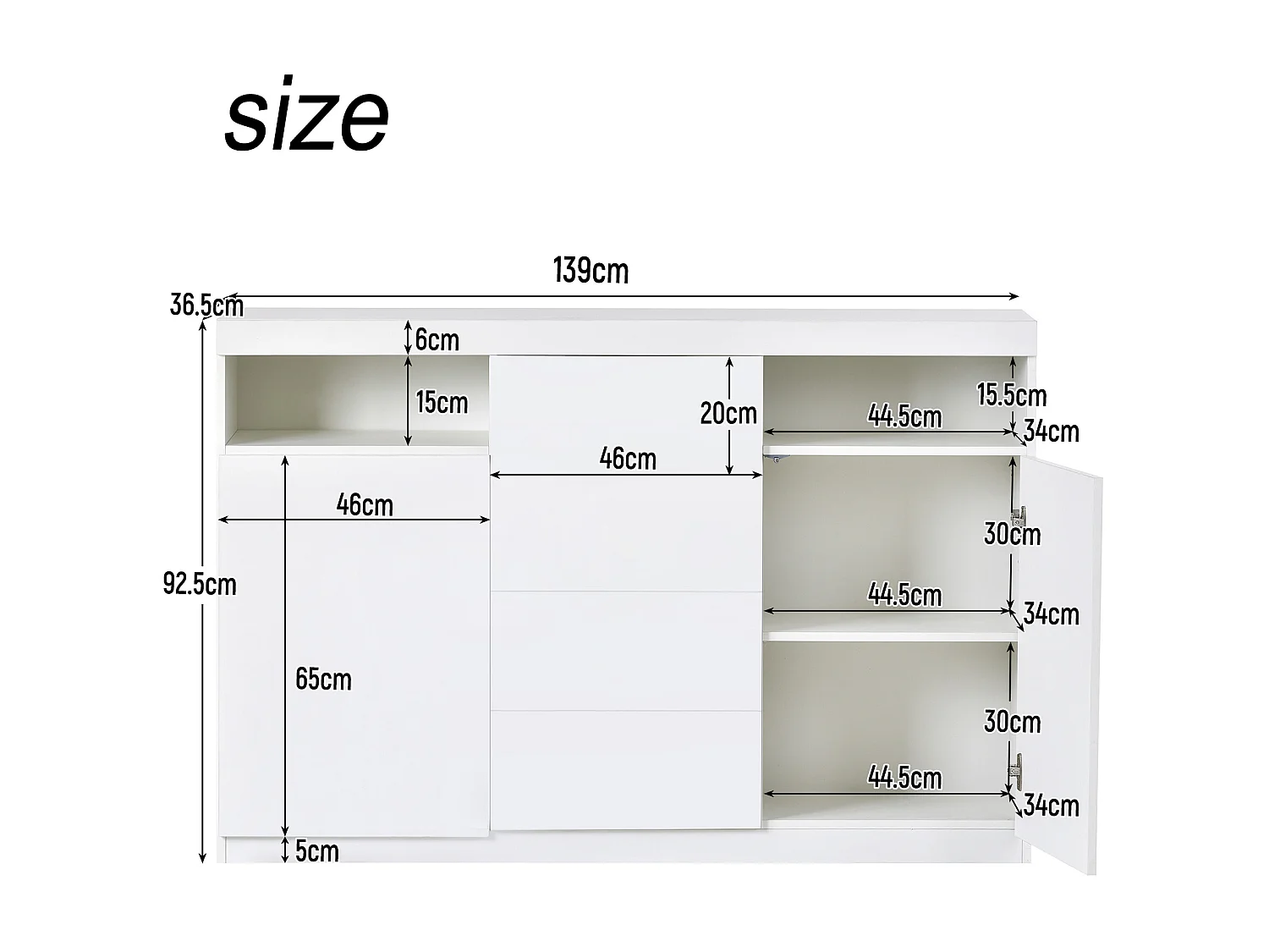 Aparador baixo com 2 portas e 4 gavetas, com LEDs, madeira MDF, para cozinha ou sala de jantar, branco, 139 x 36,5 x 92 cm