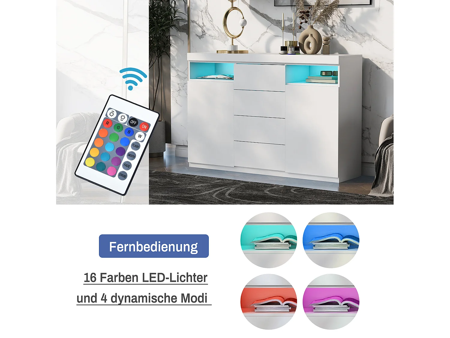 Aparador baixo com 2 portas e 4 gavetas, com LEDs, madeira MDF, para cozinha ou sala de jantar, branco, 139 x 36,5 x 92 cm