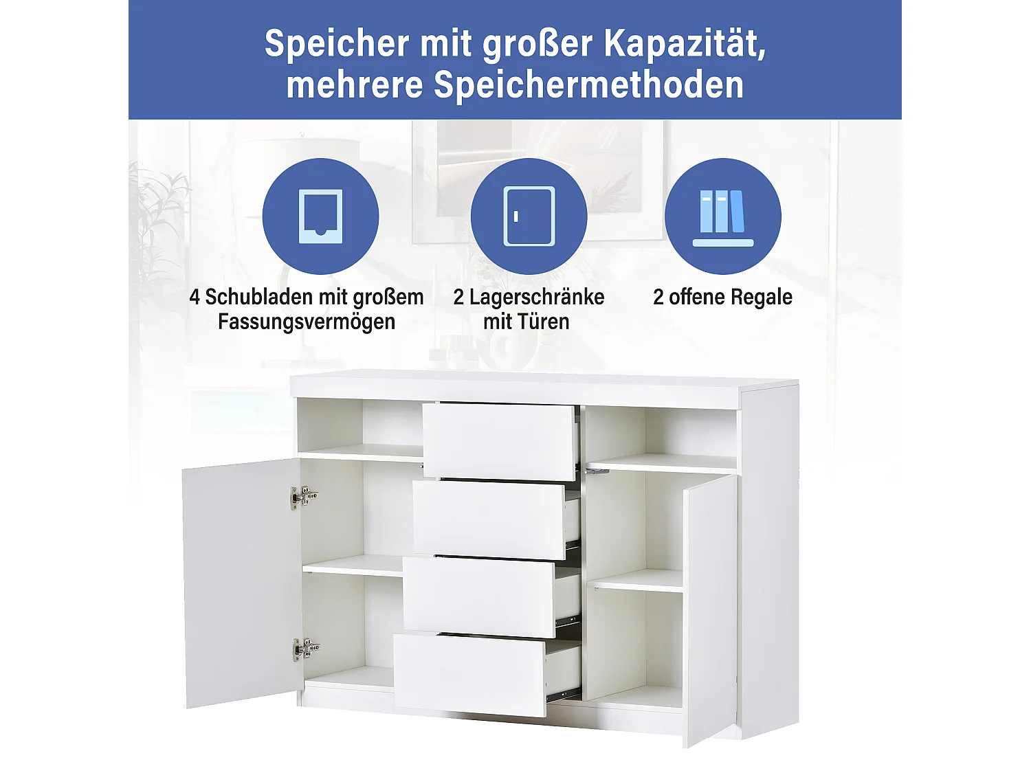 Aparador baixo com 2 portas e 4 gavetas, com LEDs, madeira MDF, para cozinha ou sala de jantar, branco, 139 x 36,5 x 92 cm