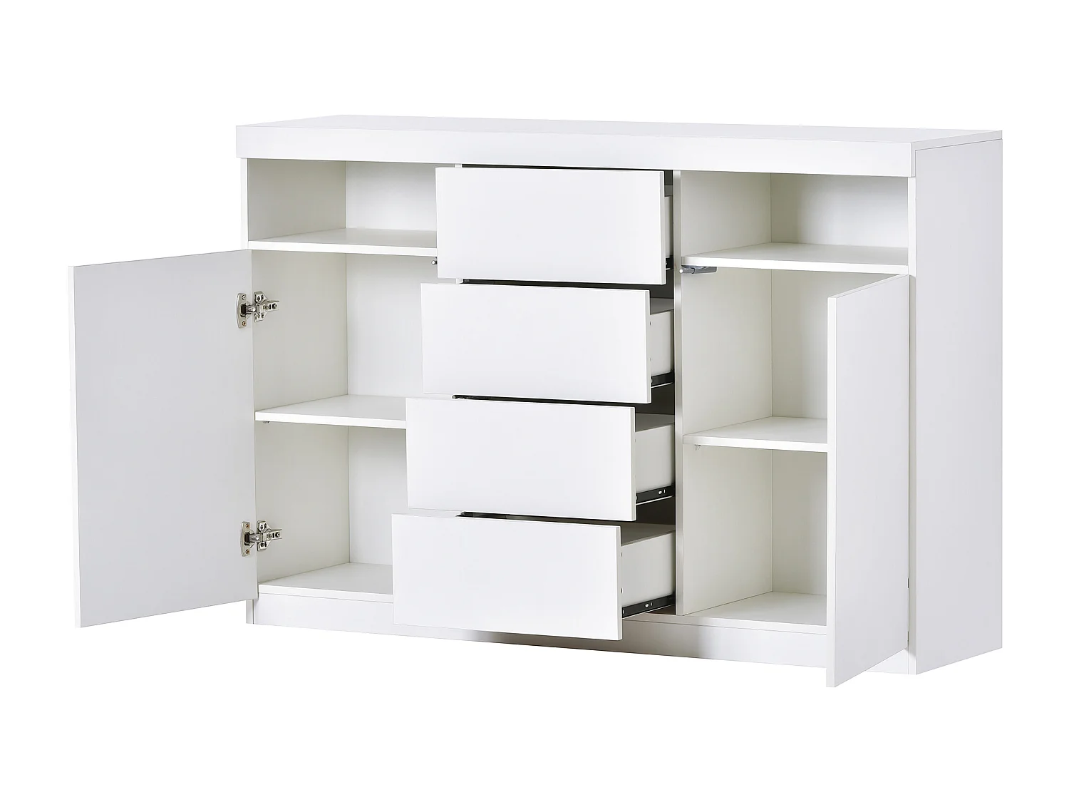 Aparador baixo com 2 portas e 4 gavetas, com LEDs, madeira MDF, para cozinha ou sala de jantar, branco, 139 x 36,5 x 92 cm
