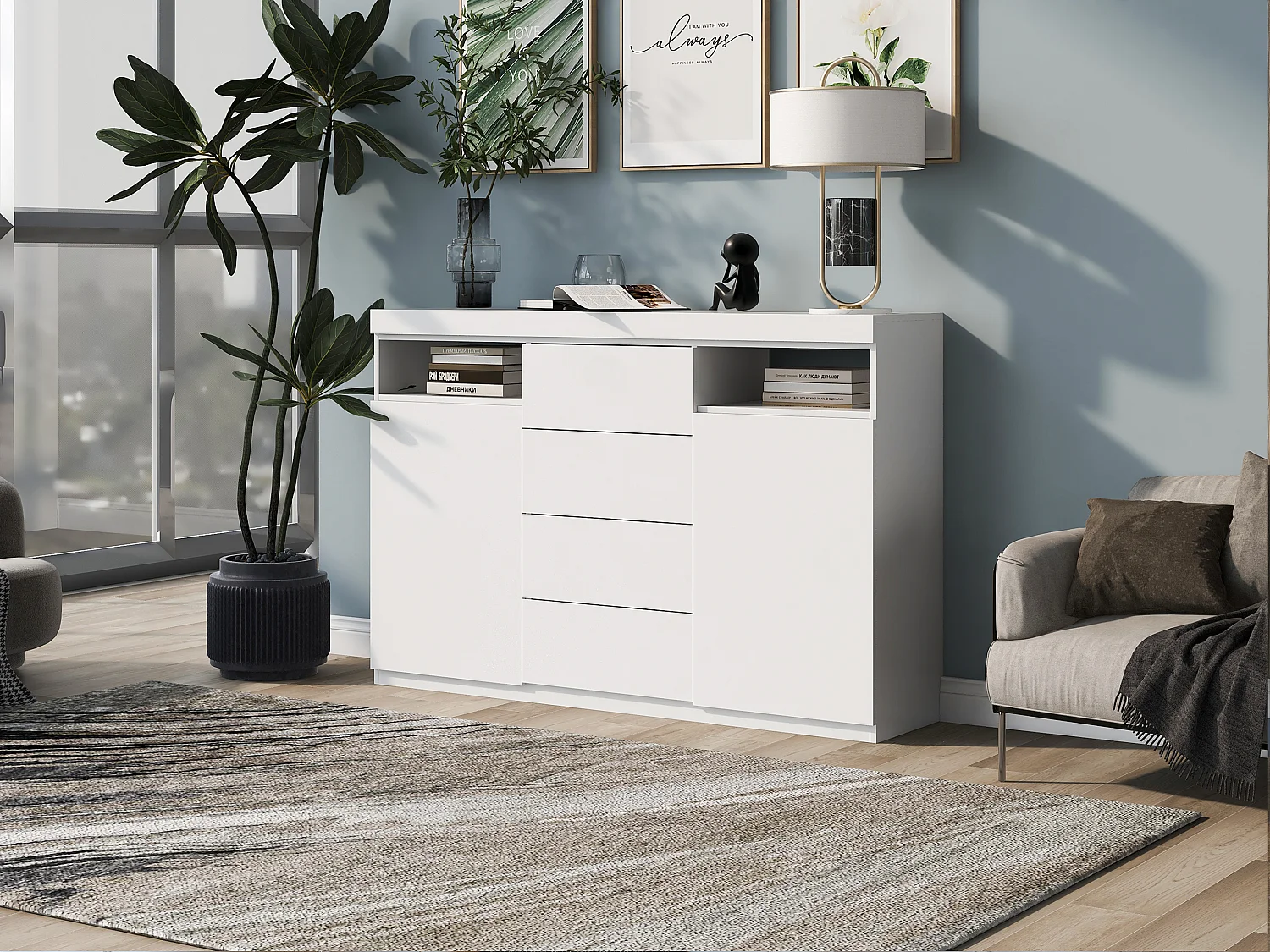 Aparador baixo com 2 portas e 4 gavetas, com LEDs, madeira MDF, para cozinha ou sala de jantar, branco, 139 x 36,5 x 92 cm