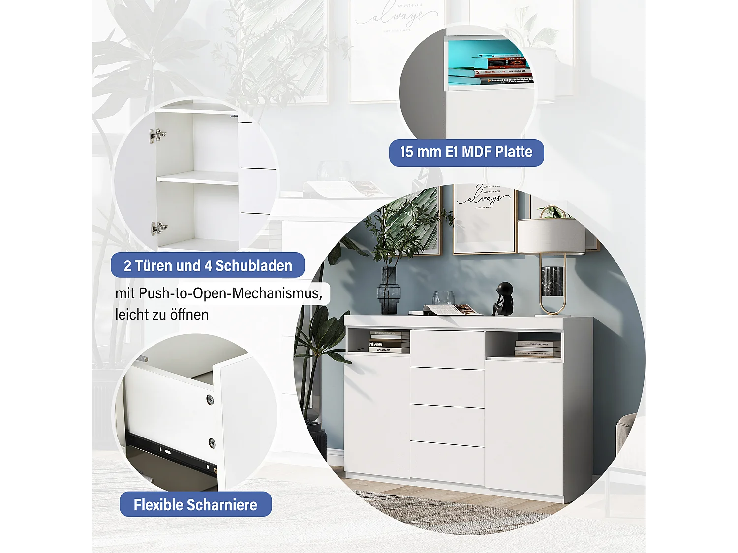 Aparador baixo com 2 portas e 4 gavetas, com LEDs, madeira MDF, para cozinha ou sala de jantar, branco, 139 x 36,5 x 92 cm