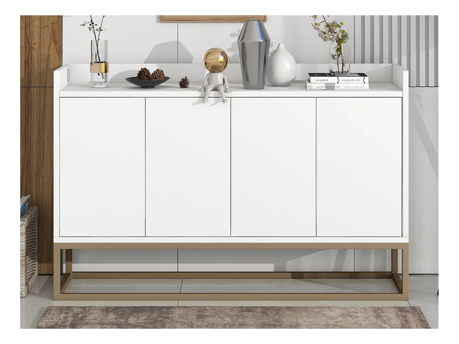 Buffet bas 4 portes - Bois en MDF et pièds en métal - Style moderne - Coloris blanc - 120 x 30 x 80 cm