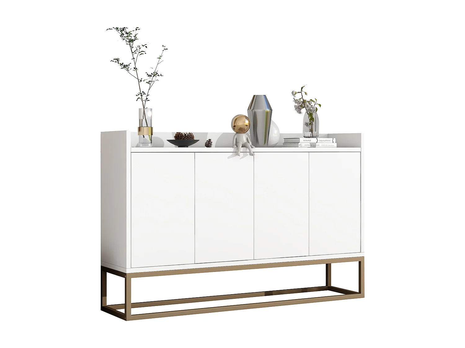 Credenza bassa 4 ante - Legno MDF e gambe in metallo - Stile moderno - Colore bianco - 120 x 30 x 80 cm