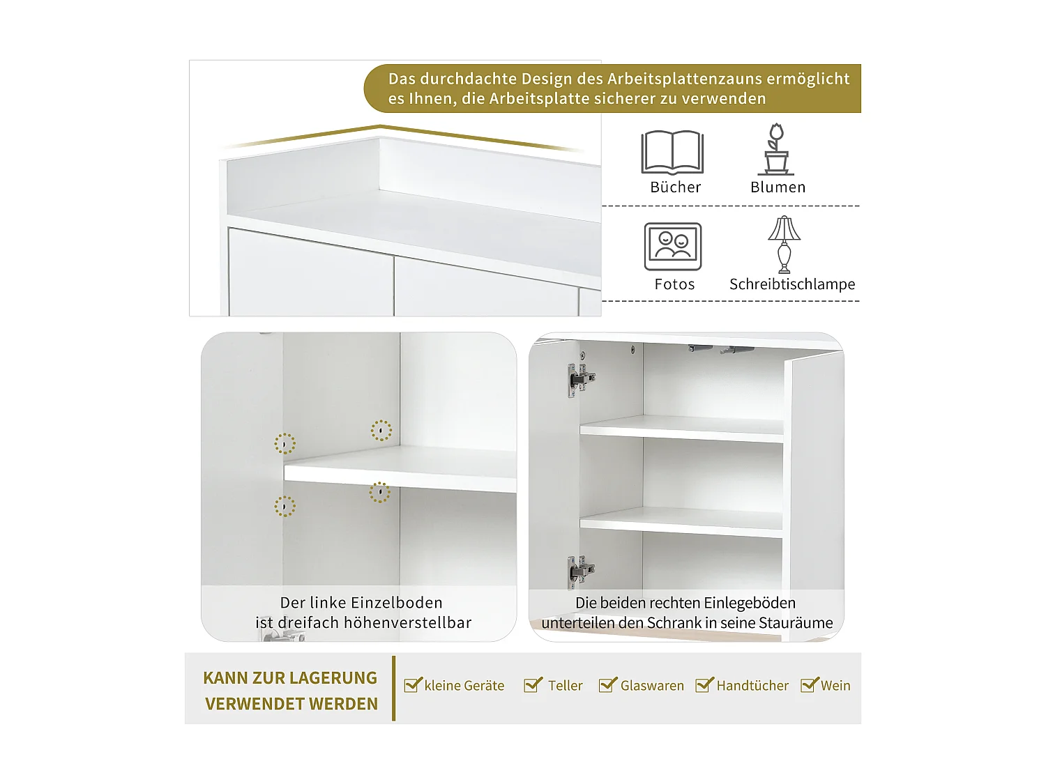 Credenza bassa 4 ante - Legno MDF e gambe in metallo - Stile moderno - Colore bianco - 120 x 30 x 80 cm