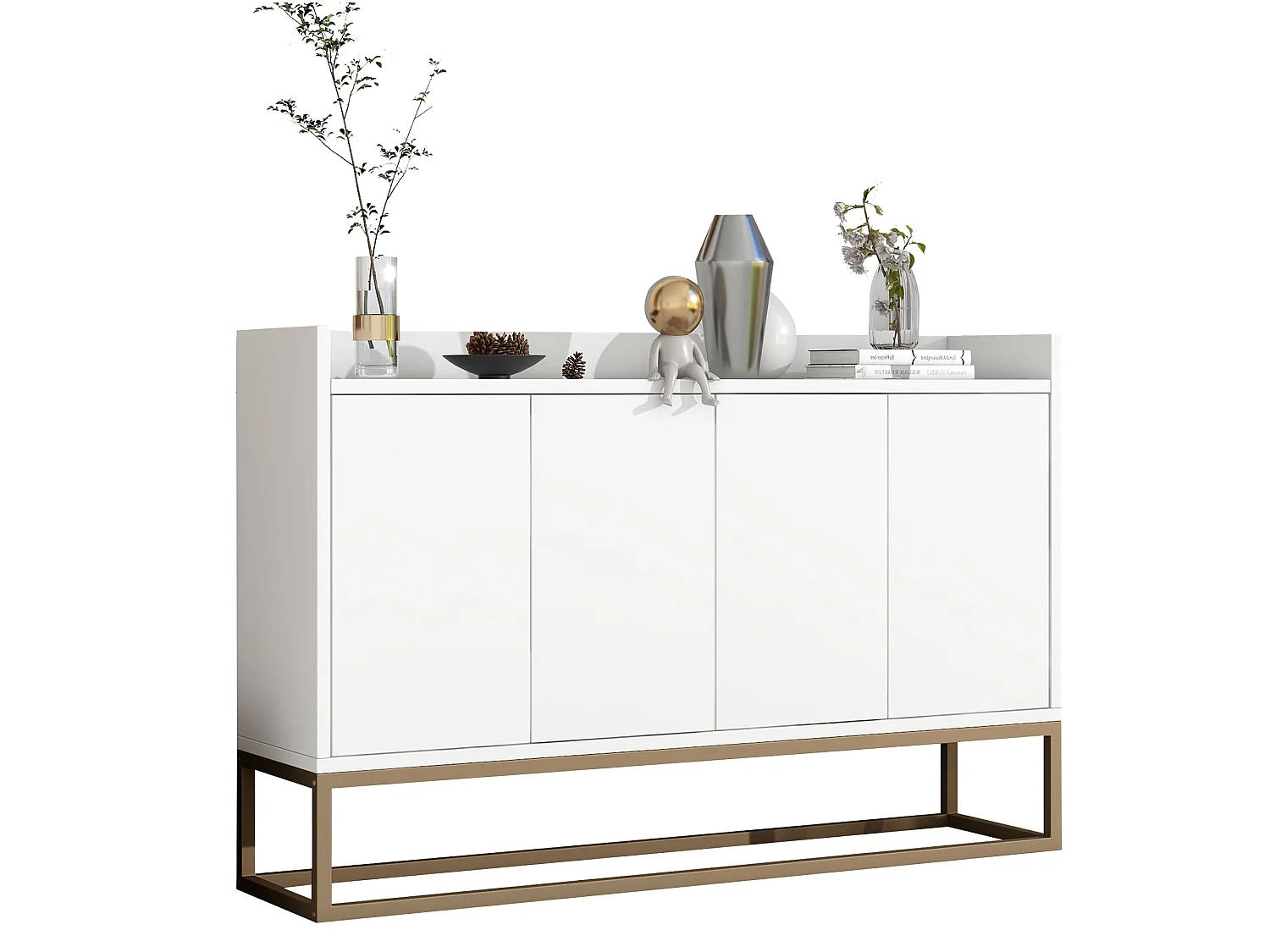 Buffet bas 4 portes - Bois en MDF et pièds en métal - Style moderne - Coloris blanc - 120 x 30 x 80 cm