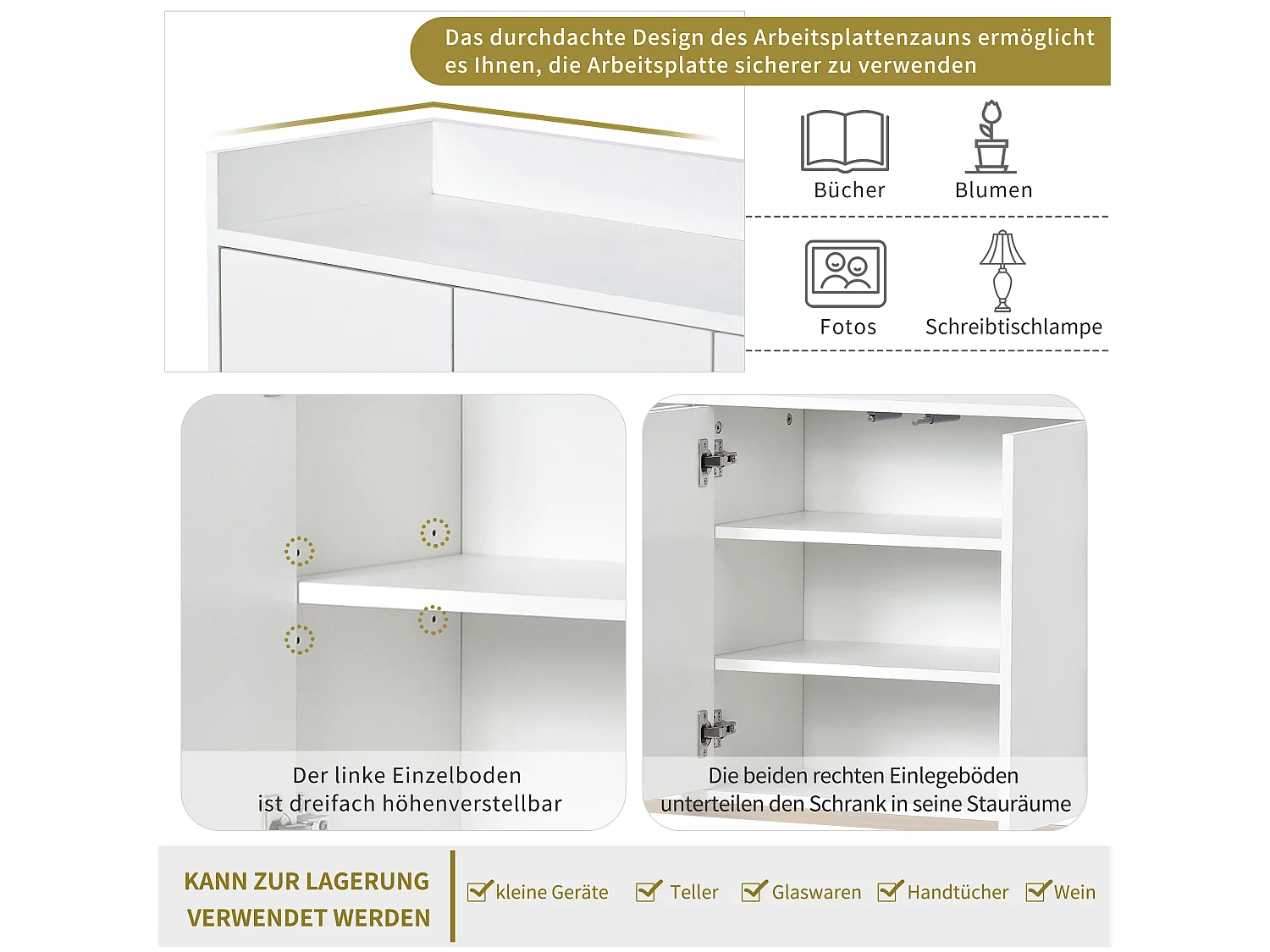 Buffet bas 4 portes - Bois en MDF et pièds en métal - Style moderne - Coloris blanc - 120 x 30 x 80 cm