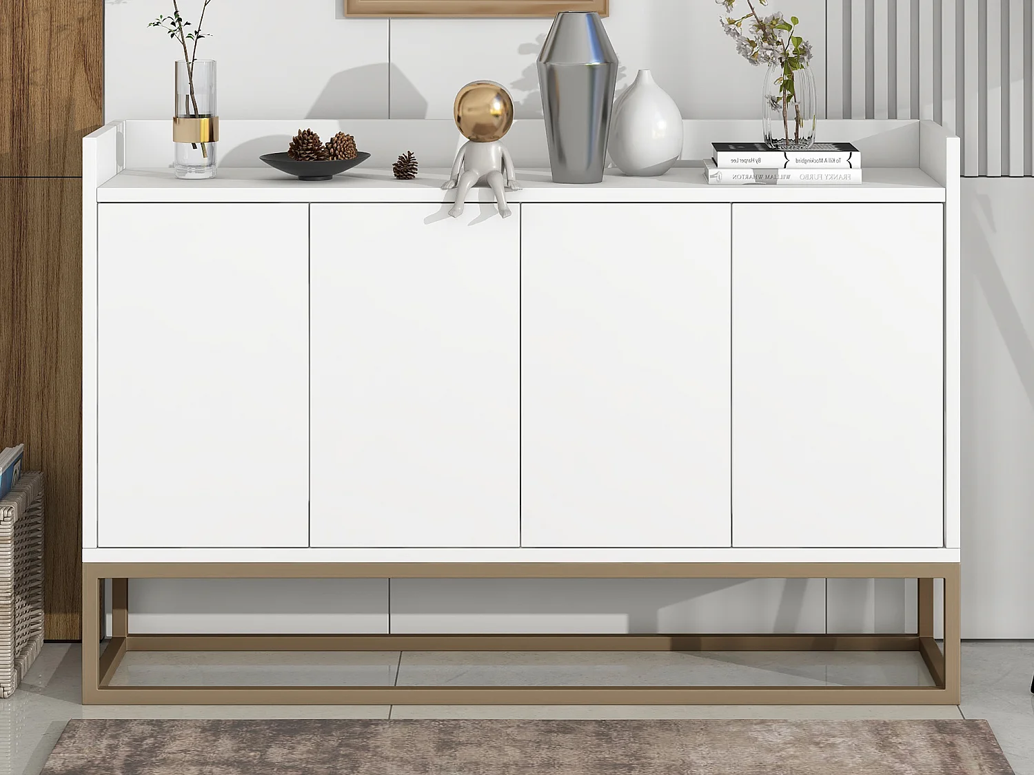 Buffet bas 4 portes - Bois en MDF et pièds en métal - Style moderne - Coloris blanc - 120 x 30 x 80 cm
