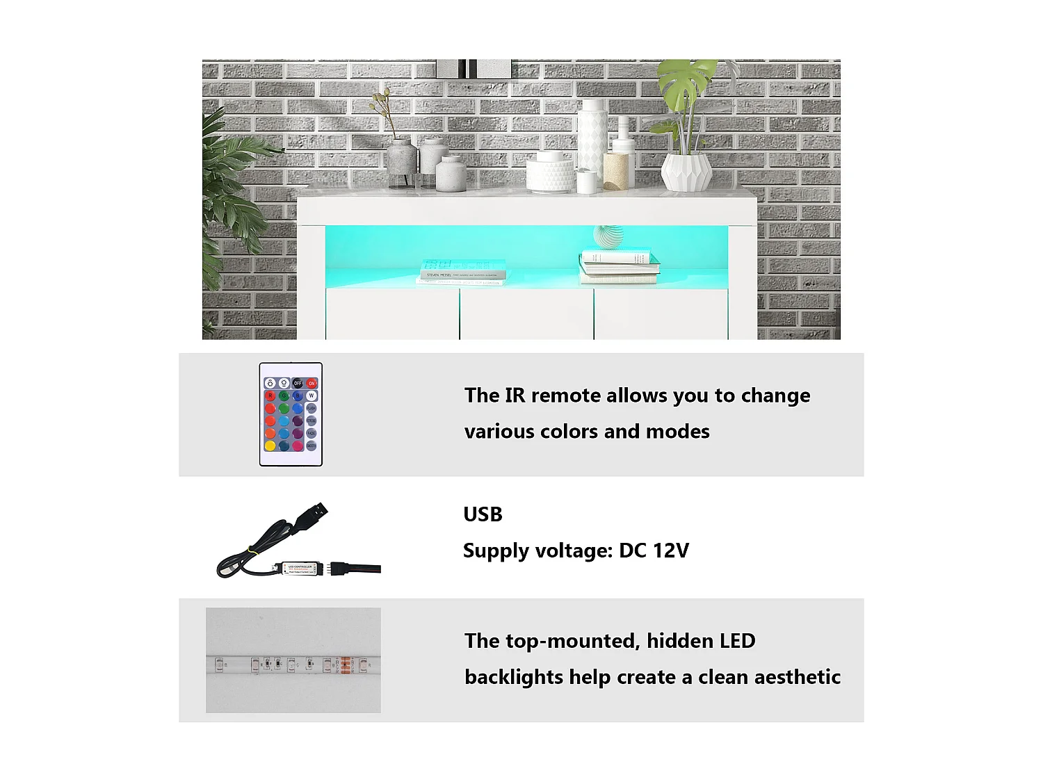 Buffet avec 3 portes et étagère - 130 x 35 x 95 cm - LEDs - Panneaux de particules - Blanc