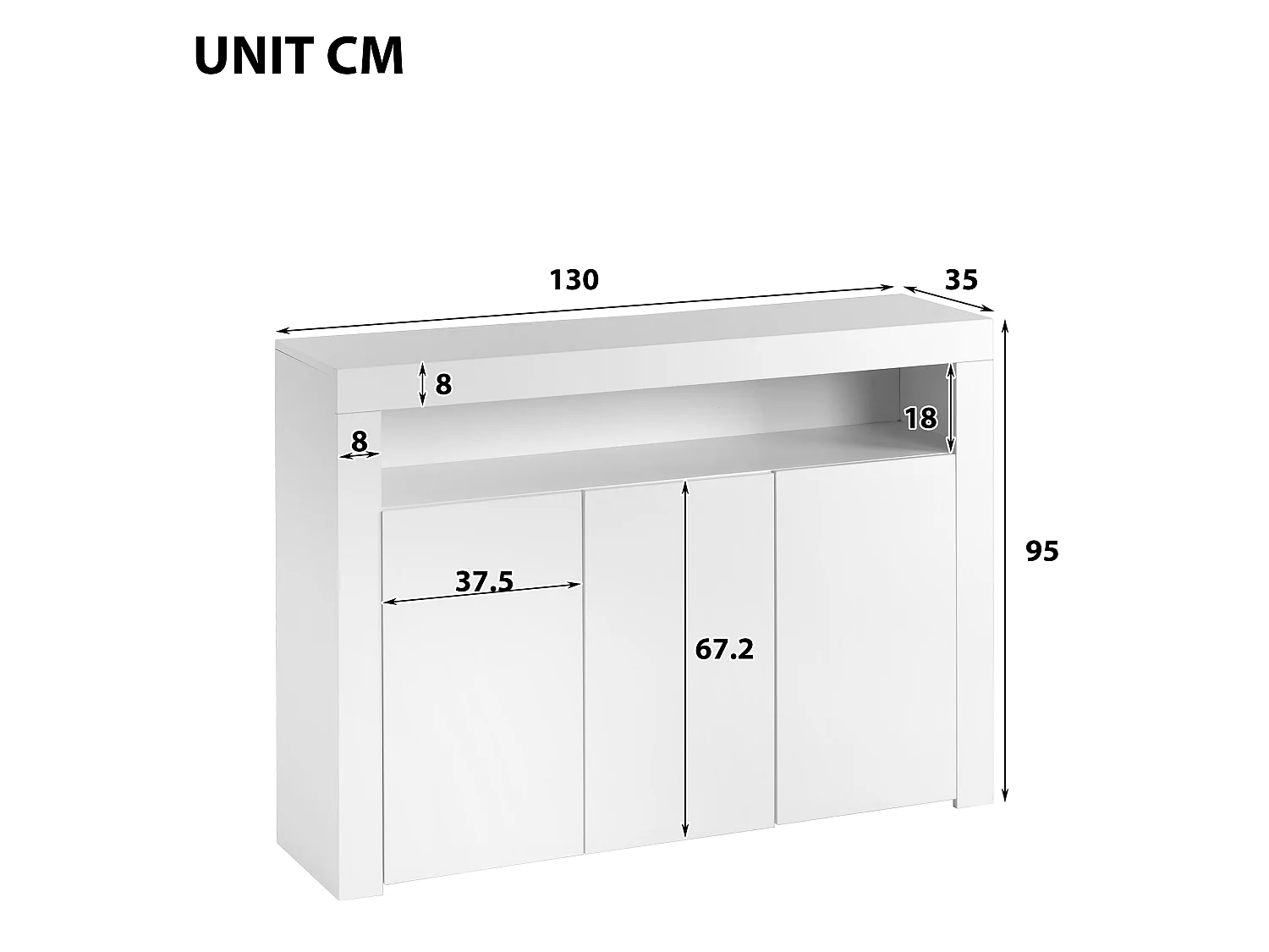 Buffet avec 3 portes et étagère - 130 x 35 x 95 cm - LEDs - Panneaux de particules - Blanc