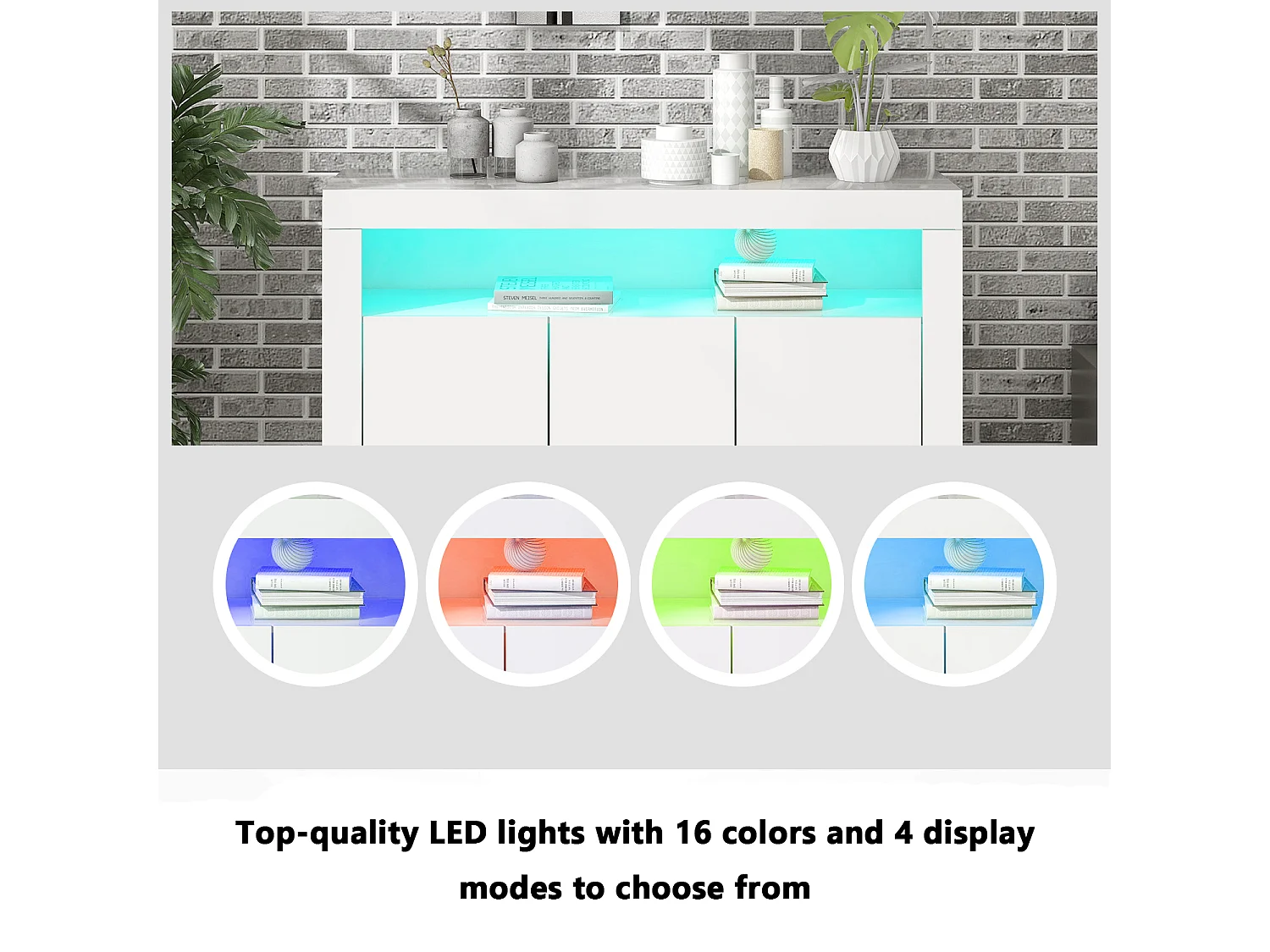 Buffet avec 3 portes et étagère - 130 x 35 x 95 cm - LEDs - Panneaux de particules - Blanc