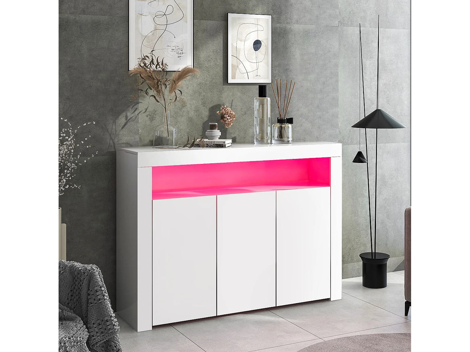 Buffet avec 3 portes et étagère - 130 x 35 x 95 cm - LEDs - Panneaux de particules - Blanc