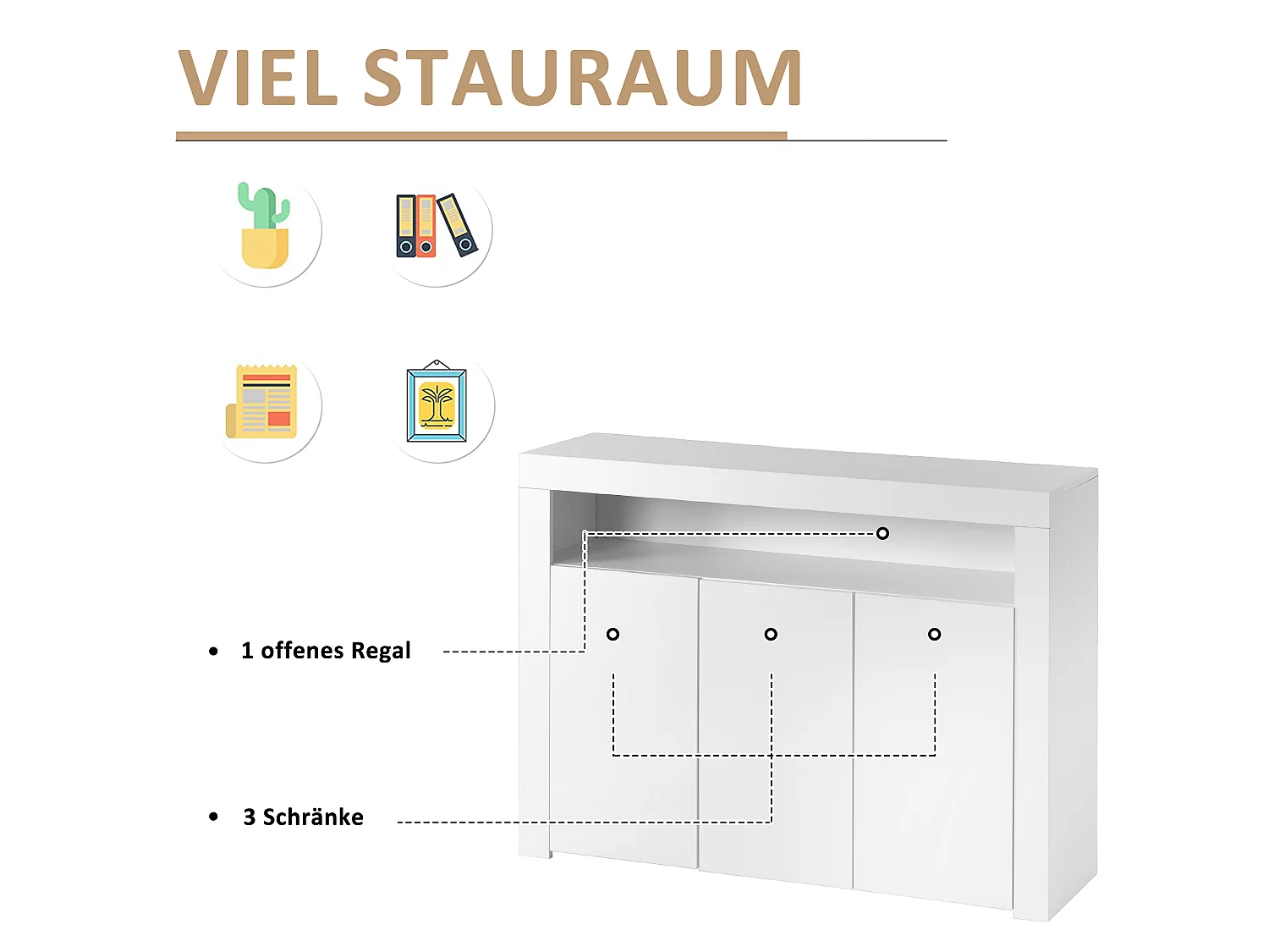 Buffet avec 3 portes et étagère - 130 x 35 x 95 cm - LEDs - Panneaux de particules - Blanc