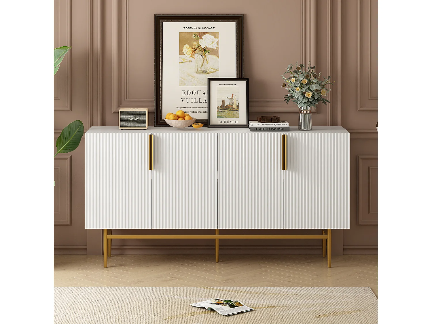 Buffet strié 4 portes - Bois MDF et pièds en métal doré - style moderne - coloris blanc - 150 x 40 x 86 cm