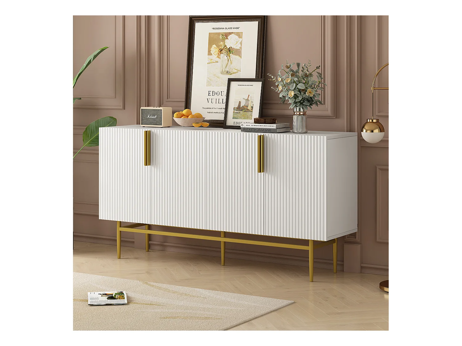 Buffet strié 4 portes - Bois MDF et pièds en métal doré - style moderne - coloris blanc - 150 x 40 x 86 cm