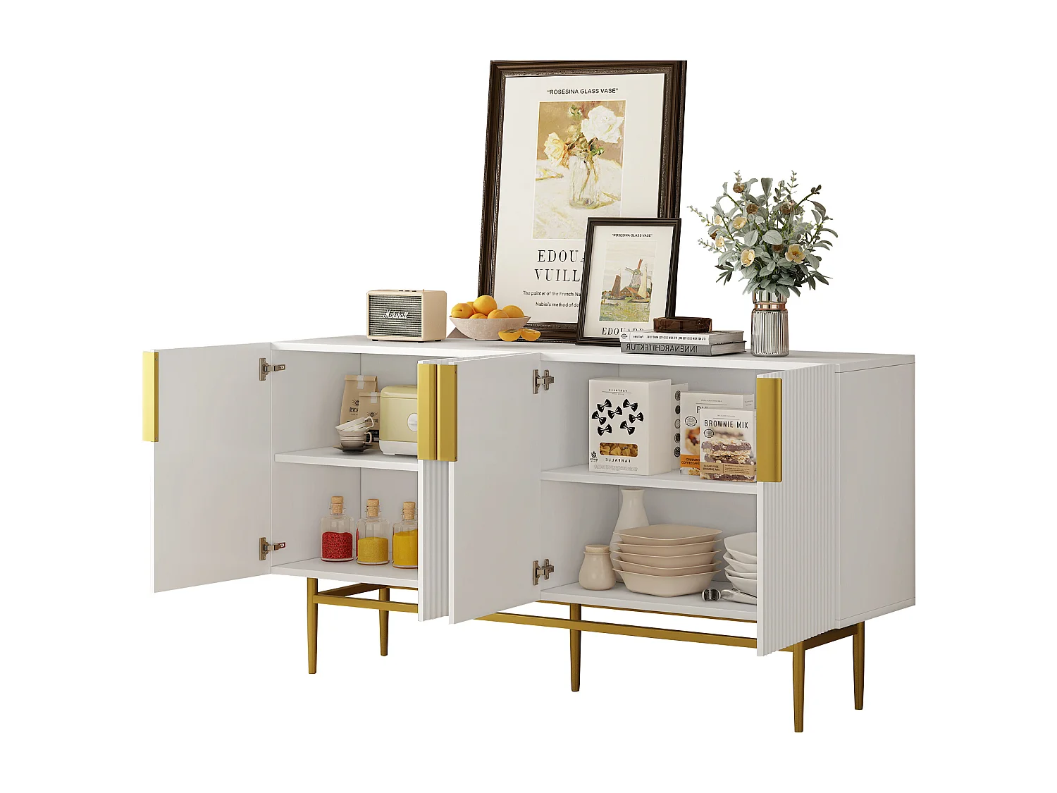 Buffet strié 4 portes - Bois MDF et pièds en métal doré - style moderne - coloris blanc - 150 x 40 x 86 cm