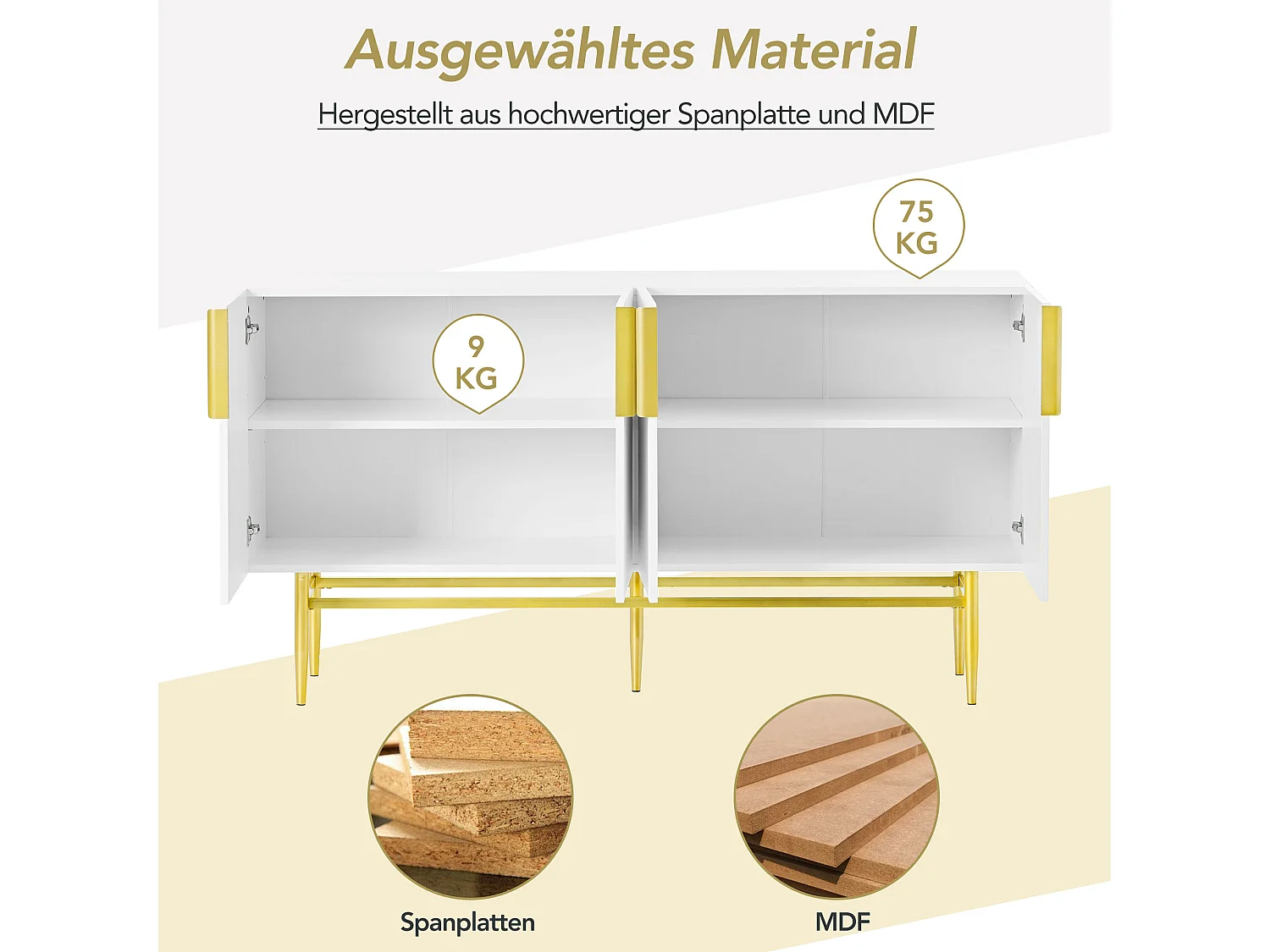Buffet strié 4 portes - Bois MDF et pièds en métal doré - style moderne - coloris blanc - 150 x 40 x 86 cm