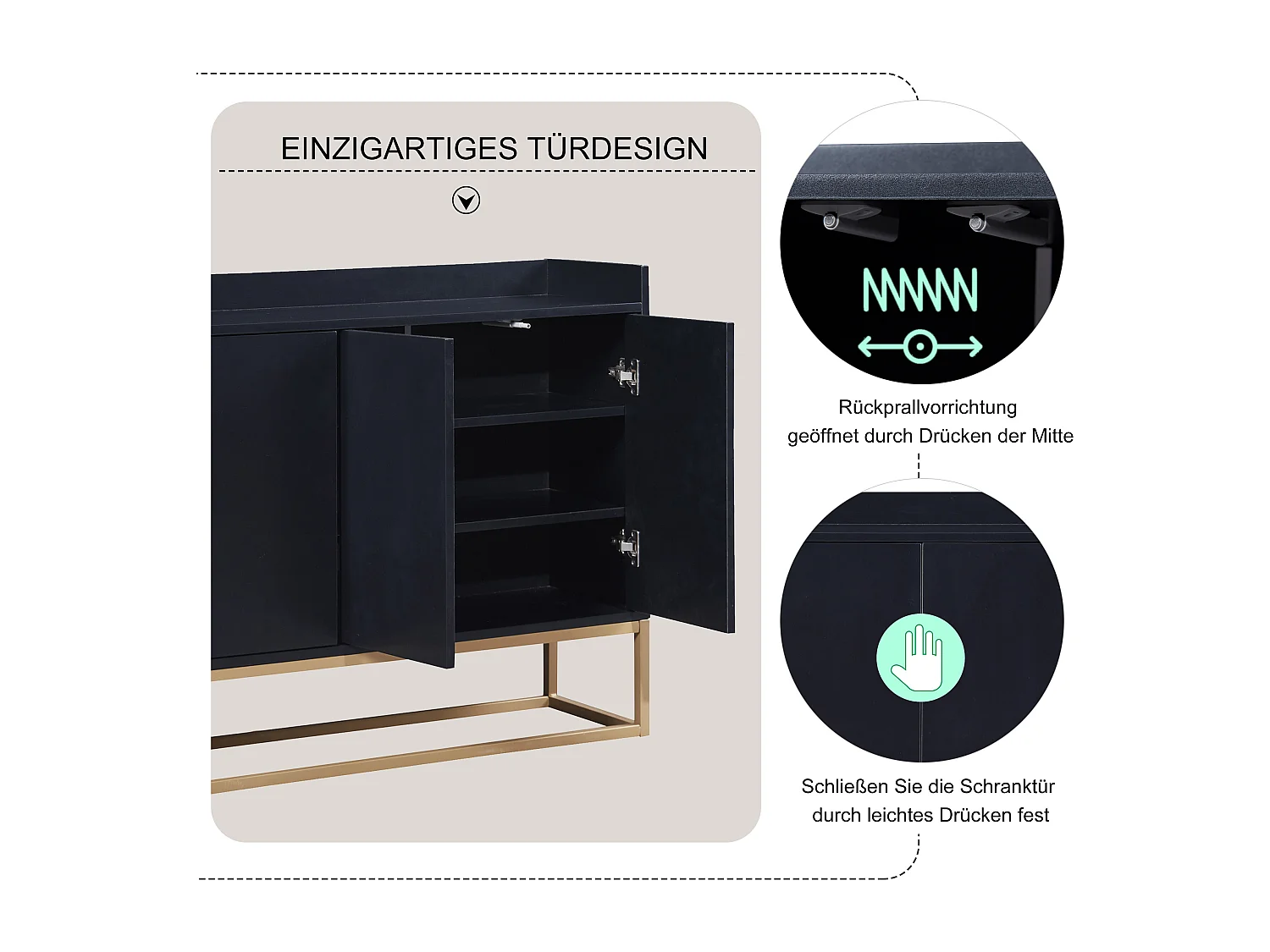 Aparador bajo 4 puertas - Patas de madera MDF y metal - Estilo moderno - Color negro - 120 x 30 x 80 cm