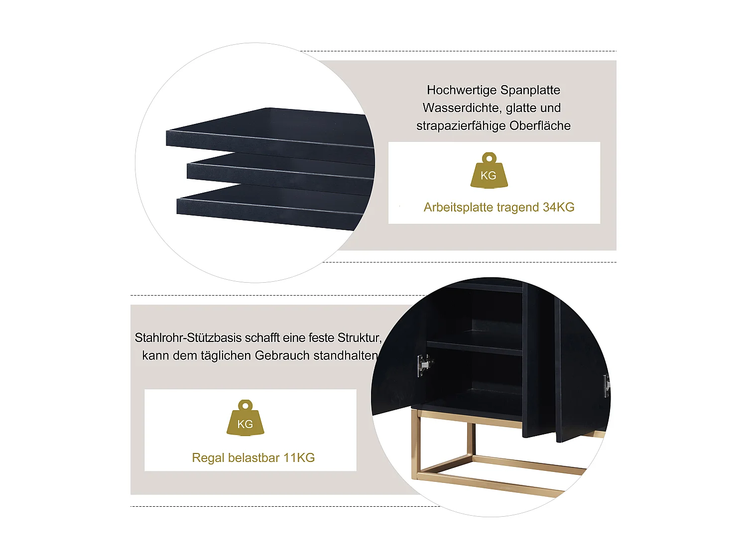 Aparador bajo 4 puertas - Patas de madera MDF y metal - Estilo moderno - Color negro - 120 x 30 x 80 cm