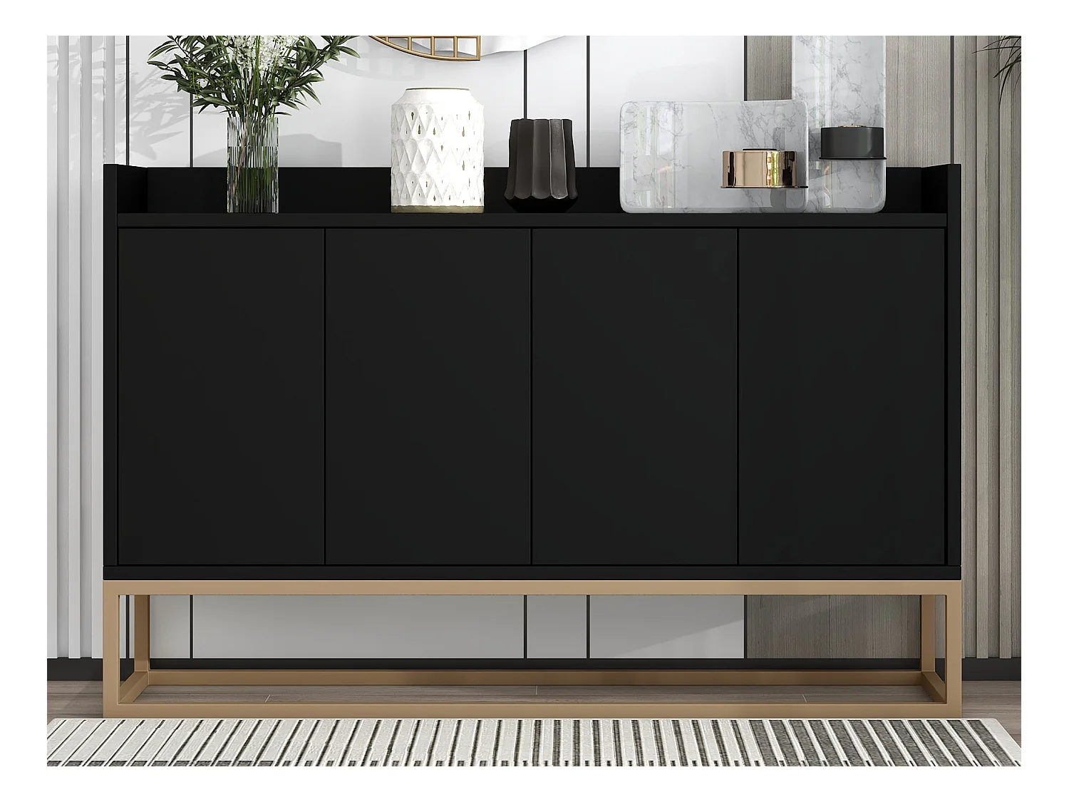 Buffet bas 4 portes - Bois en MDF et pièds en métal - Style moderne - Coloris noir - 120 x 30 x 80 cm
