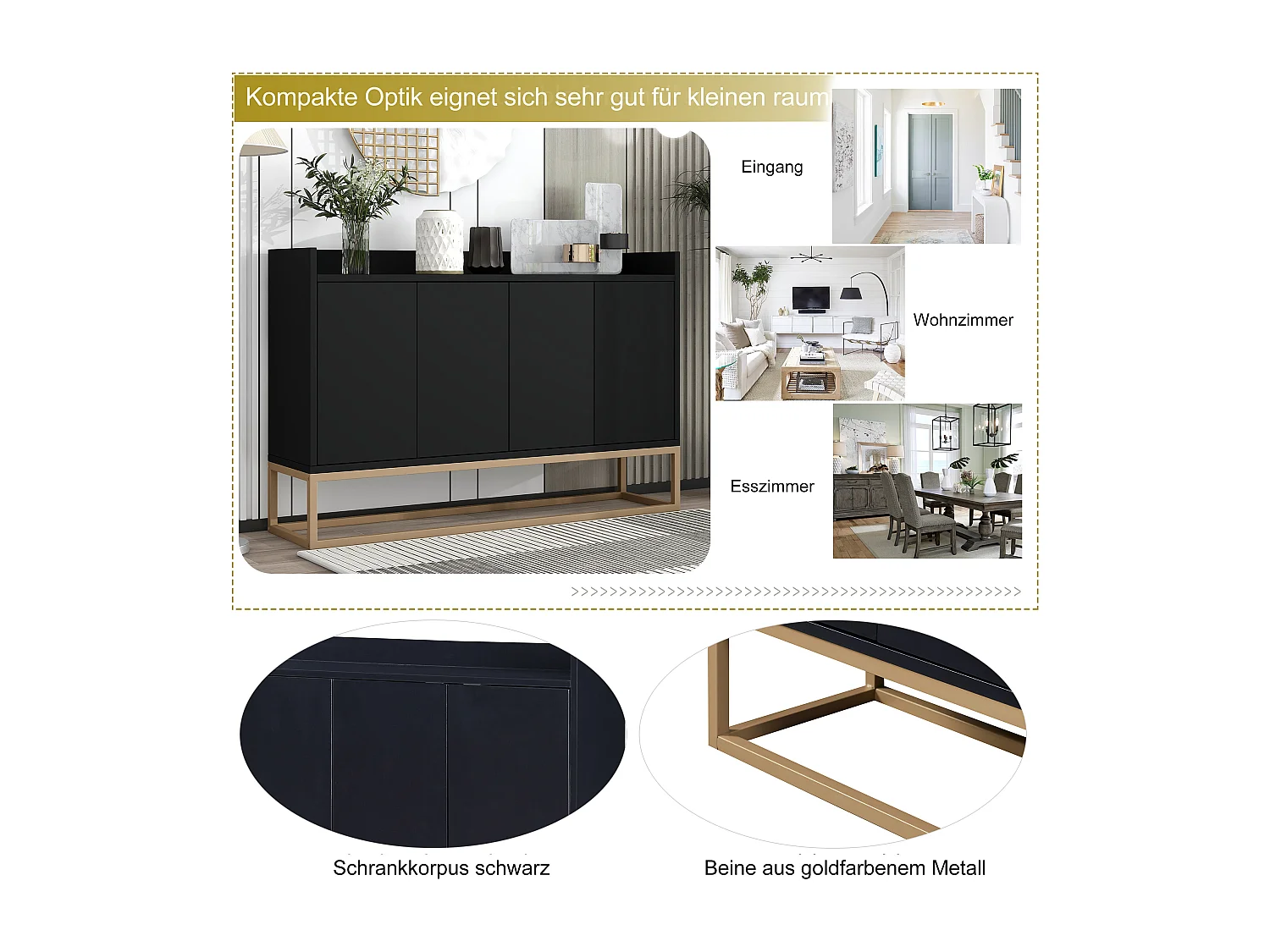 Buffet bas 4 portes - Bois en MDF et pièds en métal - Style moderne - Coloris noir - 120 x 30 x 80 cm