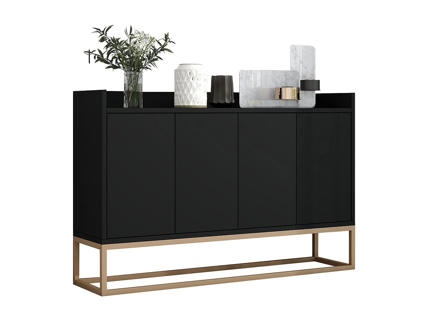 Buffet bas 4 portes - Bois en MDF et pièds en métal - Style moderne - Coloris noir - 120 x 30 x 80 cm