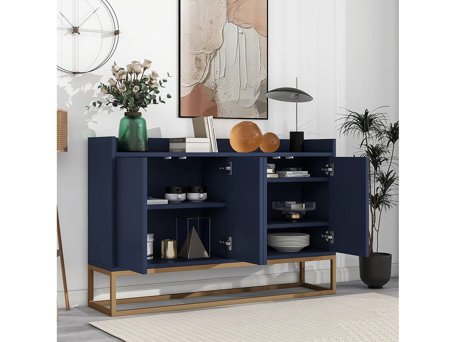 Credenza bassa a 4 ante - Legno MDF e gambe in metallo - Stile moderno - Colore blu - 120 x 30 x 80 cm