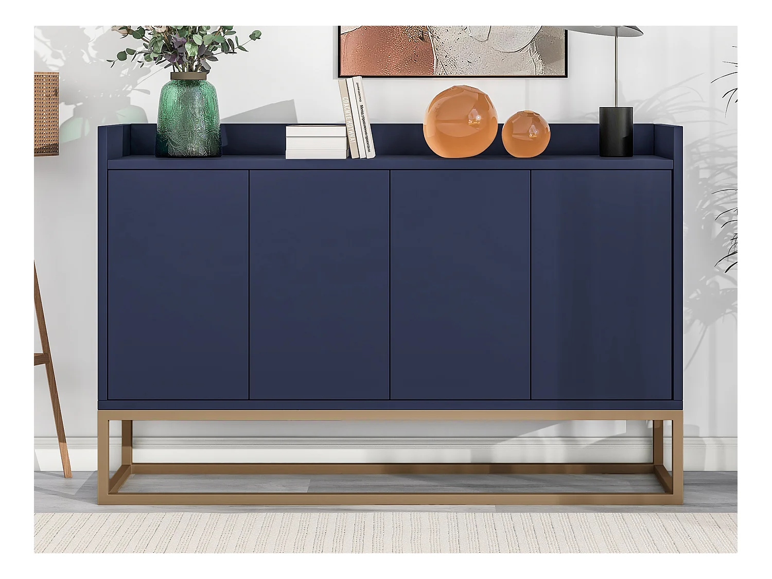 Buffet bas 4 portes - Bois en MDF et pièds en métal - Style moderne - Coloris bleu - 120 x 30 x 80 cm