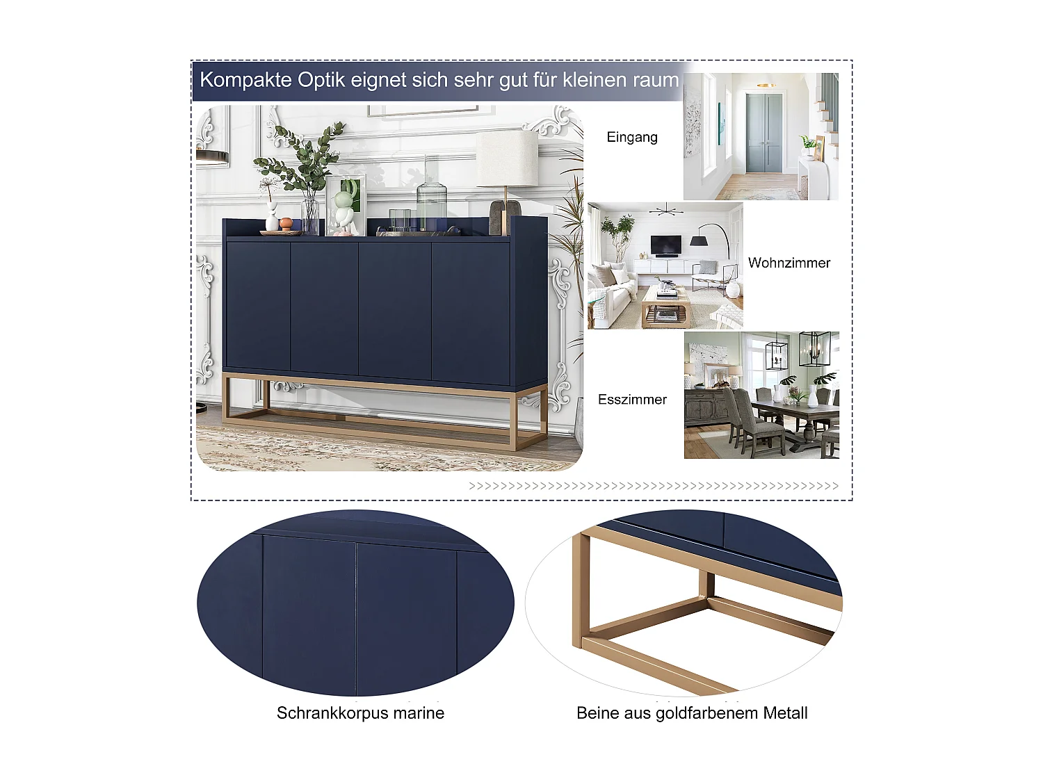 Credenza bassa a 4 ante - Legno MDF e gambe in metallo - Stile moderno - Colore blu - 120 x 30 x 80 cm