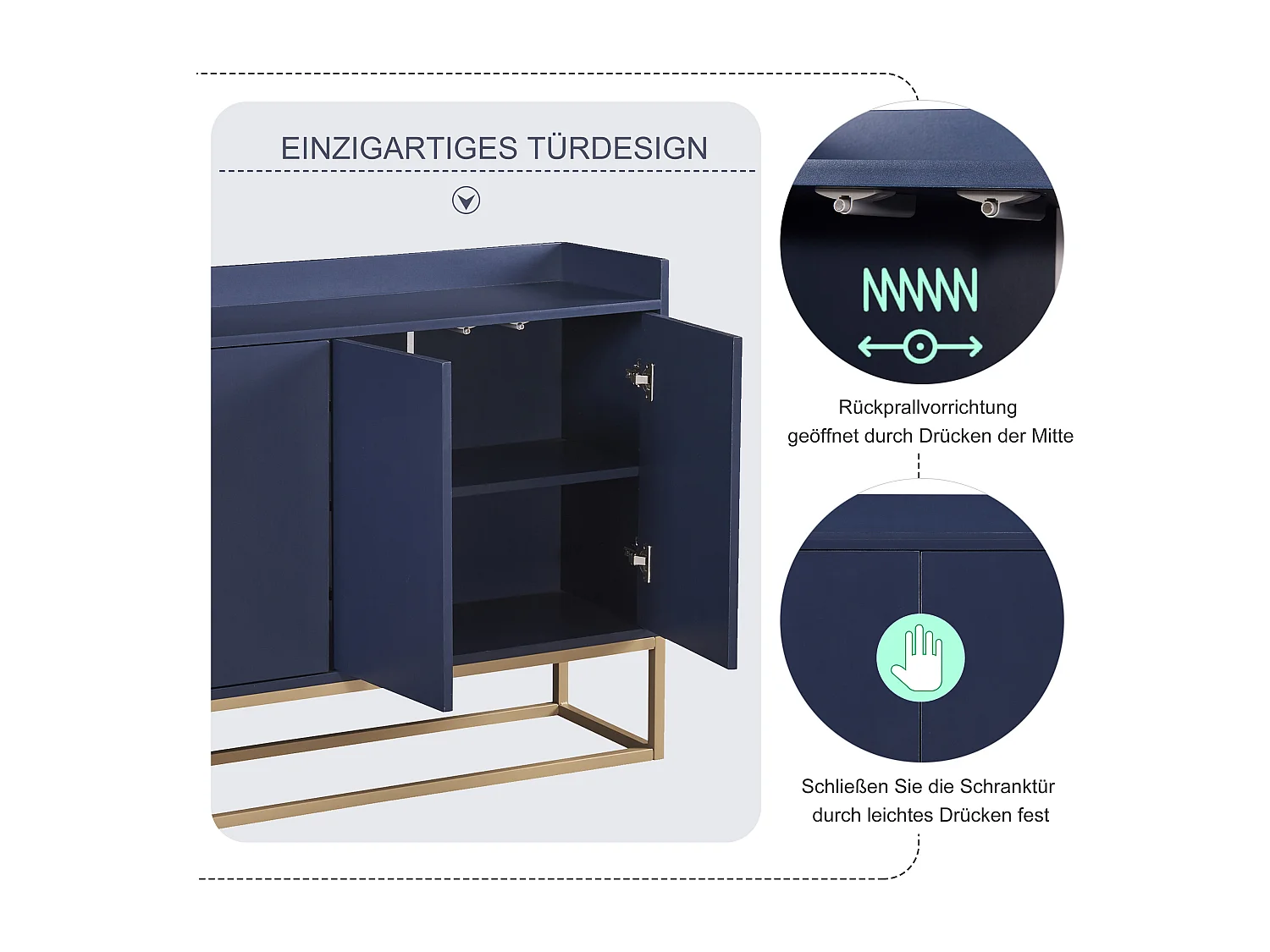 Credenza bassa a 4 ante - Legno MDF e gambe in metallo - Stile moderno - Colore blu - 120 x 30 x 80 cm