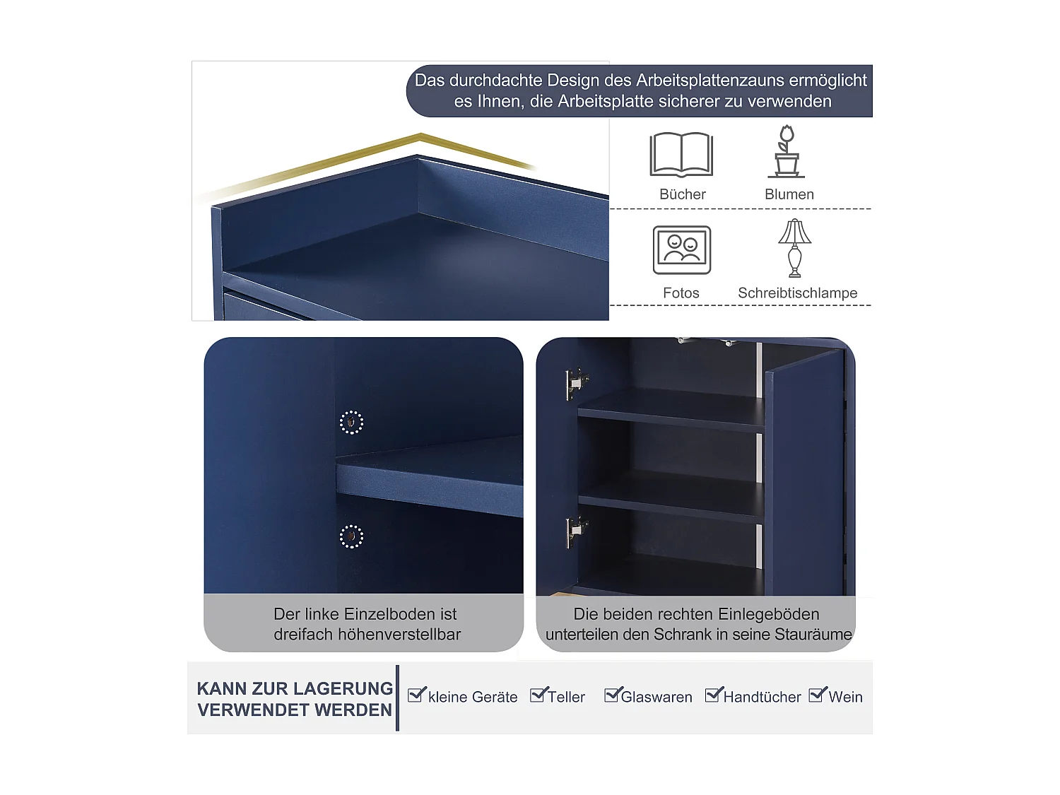 Credenza bassa a 4 ante - Legno MDF e gambe in metallo - Stile moderno - Colore blu - 120 x 30 x 80 cm