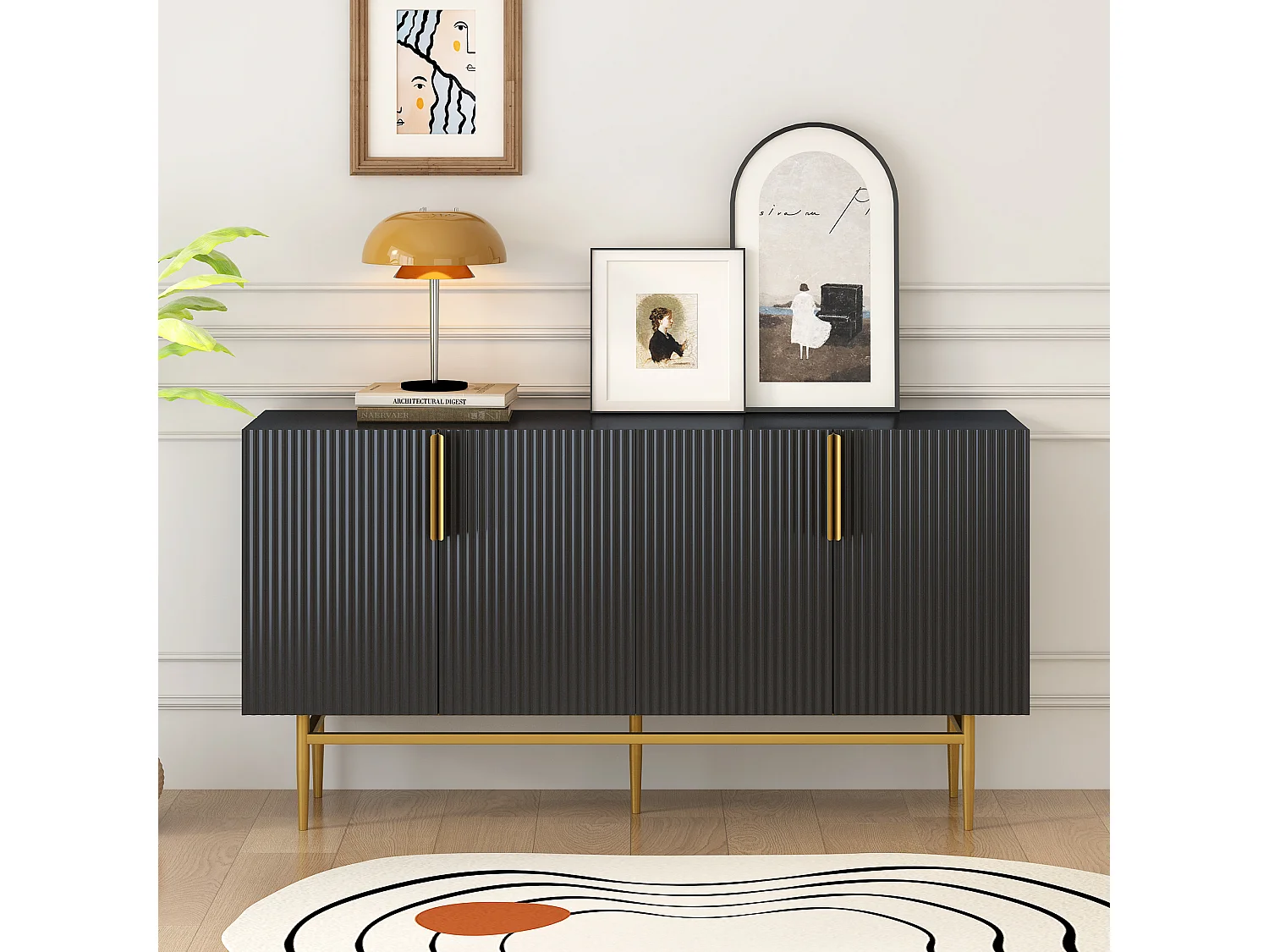 4-türiges geripptes Sideboard – MDF-Holz und goldene Metallbeine – moderner Stil – schwarze Farbe – 150 x 40 x 86 cm