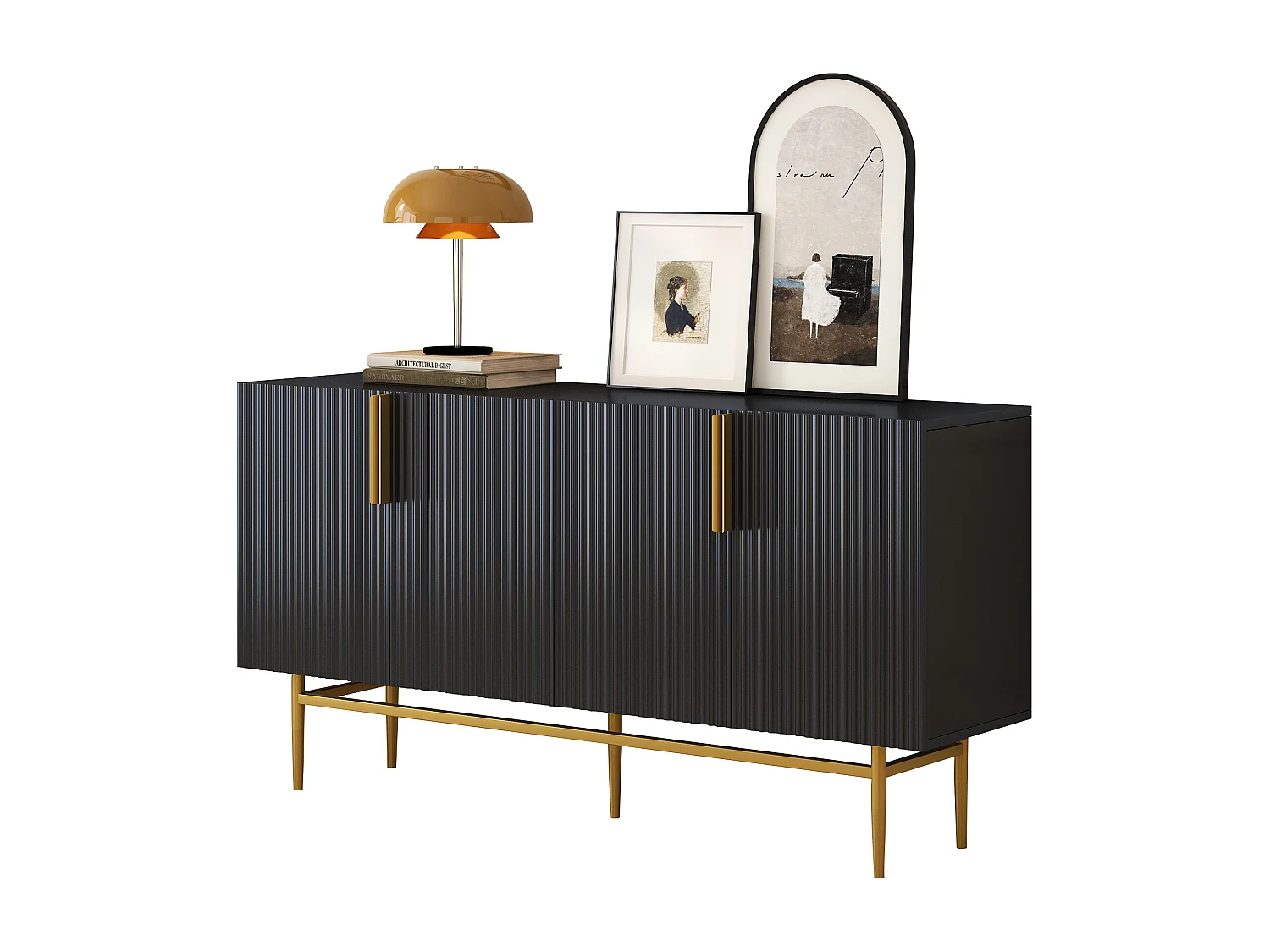4-türiges geripptes Sideboard – MDF-Holz und goldene Metallbeine – moderner Stil – schwarze Farbe – 150 x 40 x 86 cm