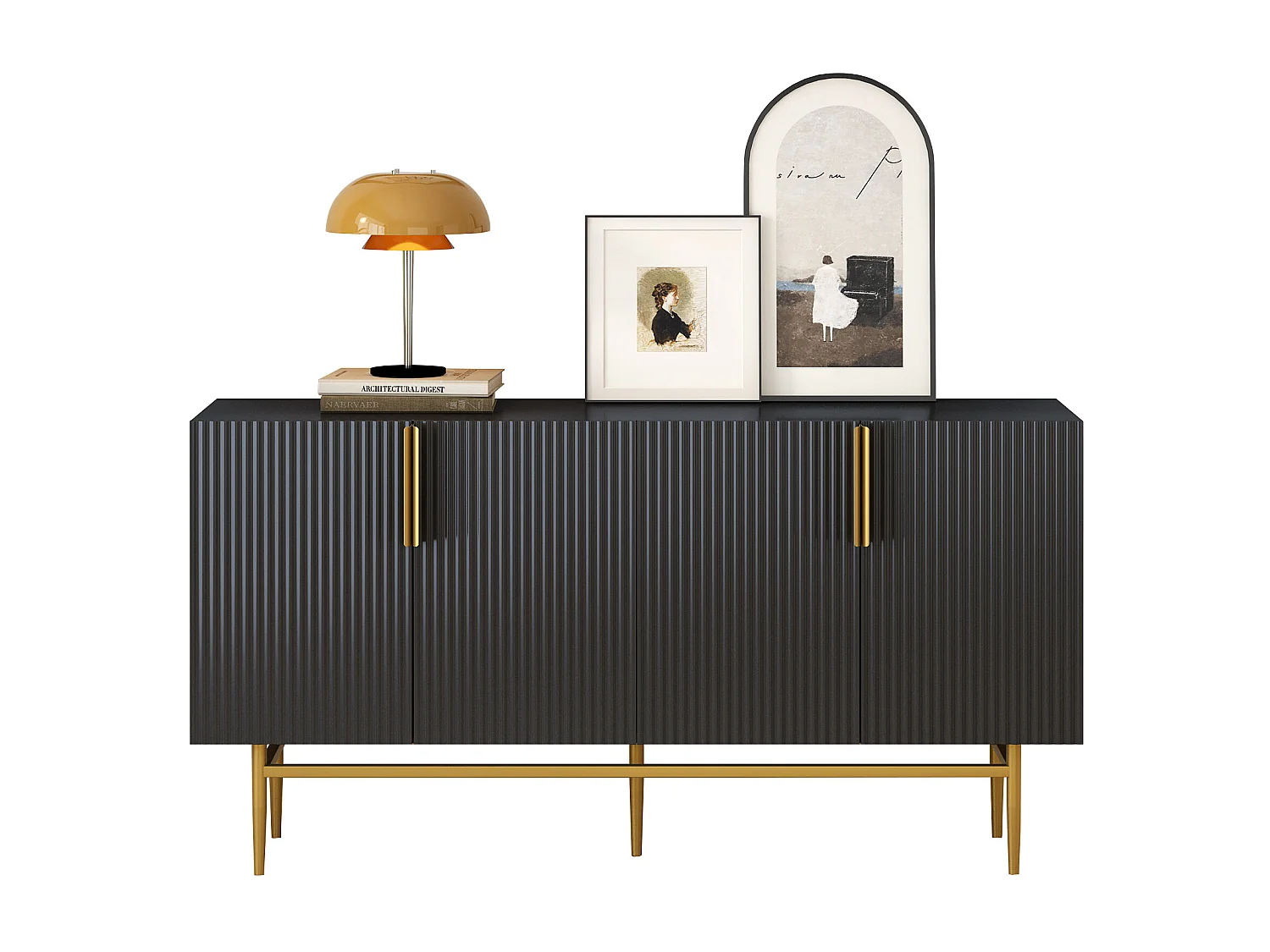 4-türiges geripptes Sideboard – MDF-Holz und goldene Metallbeine – moderner Stil – schwarze Farbe – 150 x 40 x 86 cm