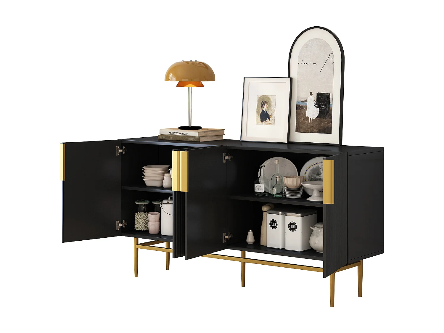 4-türiges geripptes Sideboard – MDF-Holz und goldene Metallbeine – moderner Stil – schwarze Farbe – 150 x 40 x 86 cm