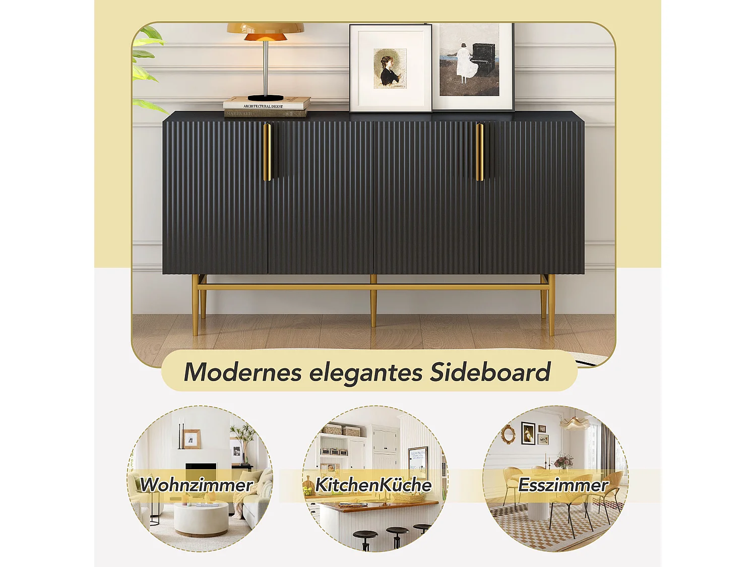 4-türiges geripptes Sideboard – MDF-Holz und goldene Metallbeine – moderner Stil – schwarze Farbe – 150 x 40 x 86 cm