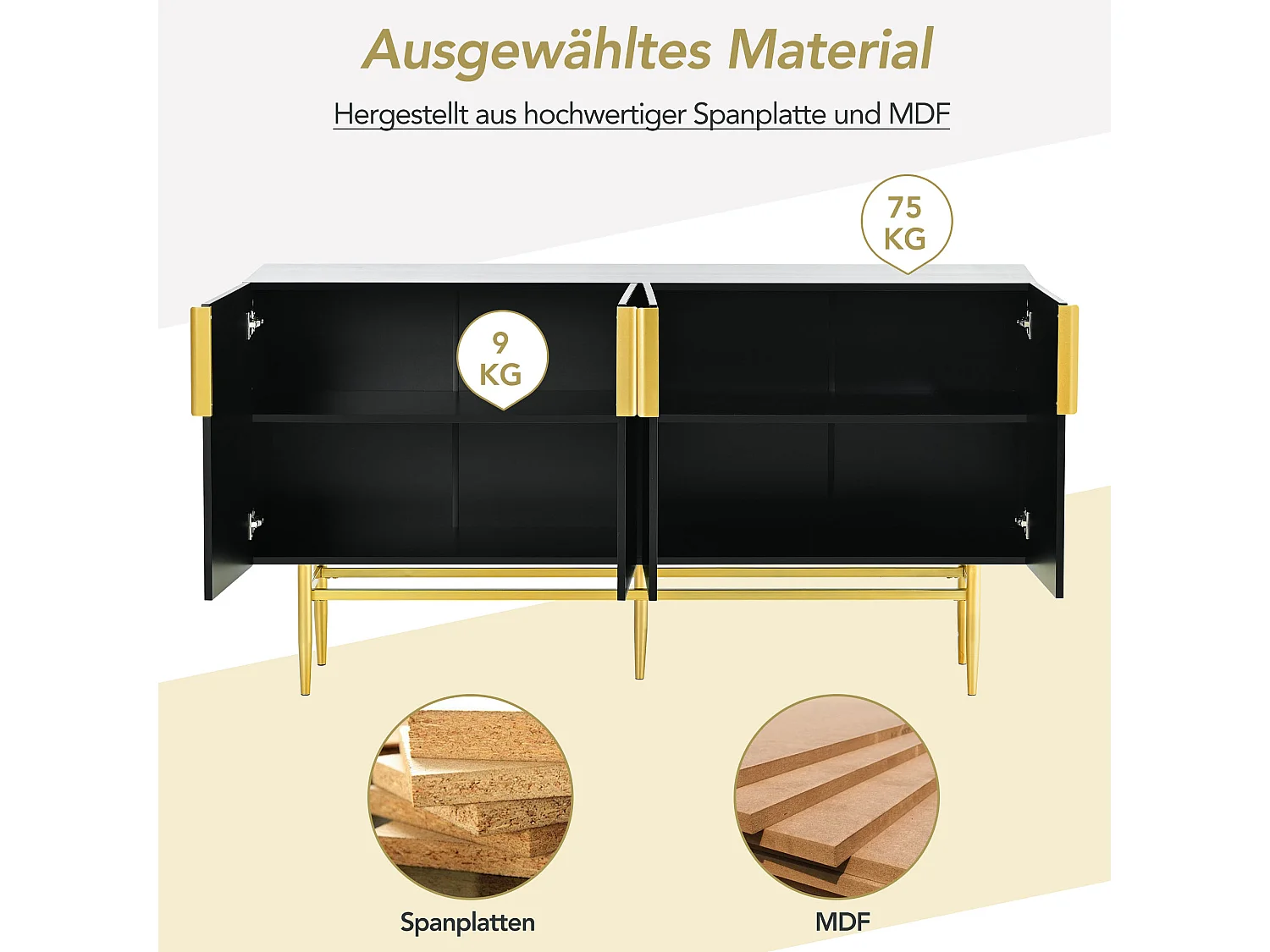 4-türiges geripptes Sideboard – MDF-Holz und goldene Metallbeine – moderner Stil – schwarze Farbe – 150 x 40 x 86 cm