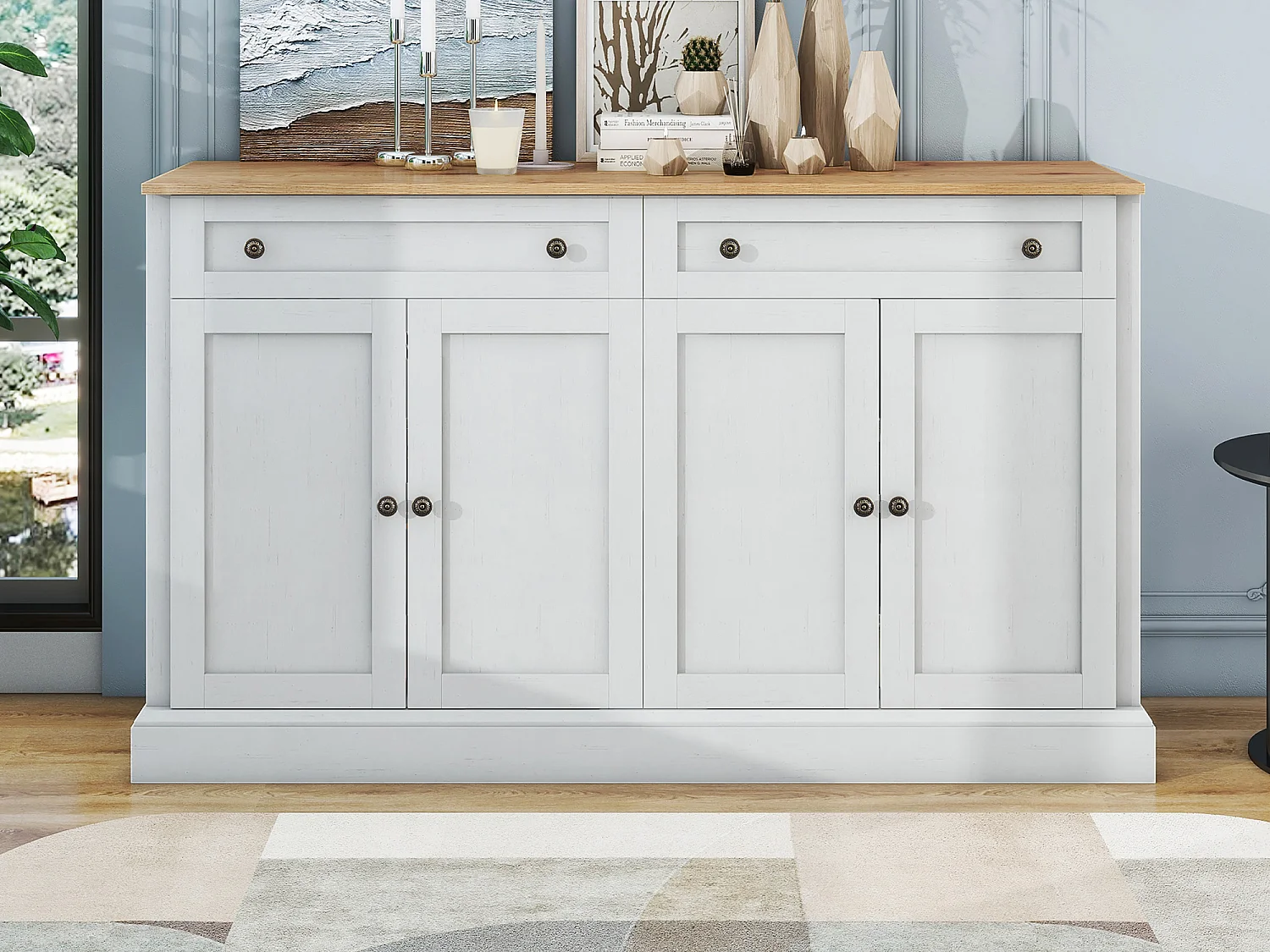 Buffet 4 portes et 2 tiroirs - Bois MDF et poignées en métal - coloris blanc - 150 x 40 x 86 cm