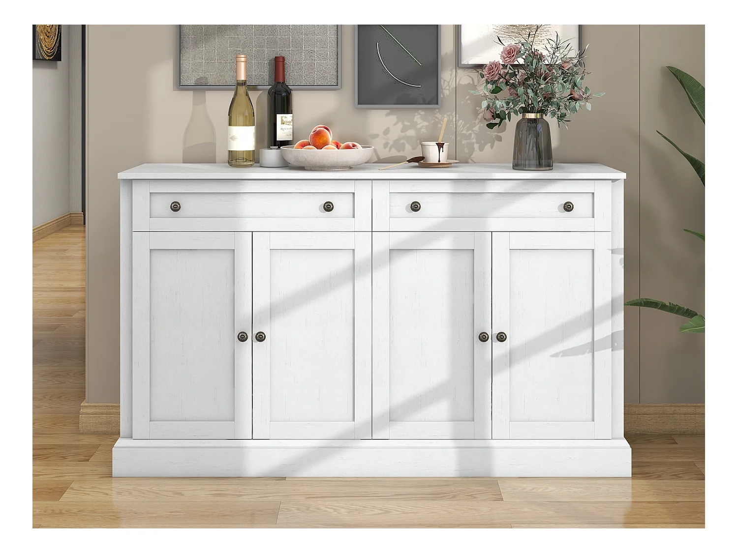 Buffet 4 portes 2 tiroirs - Bois MDF et poignées en métal - coloris chêne et blanc - 150 x 40 x 86 cm