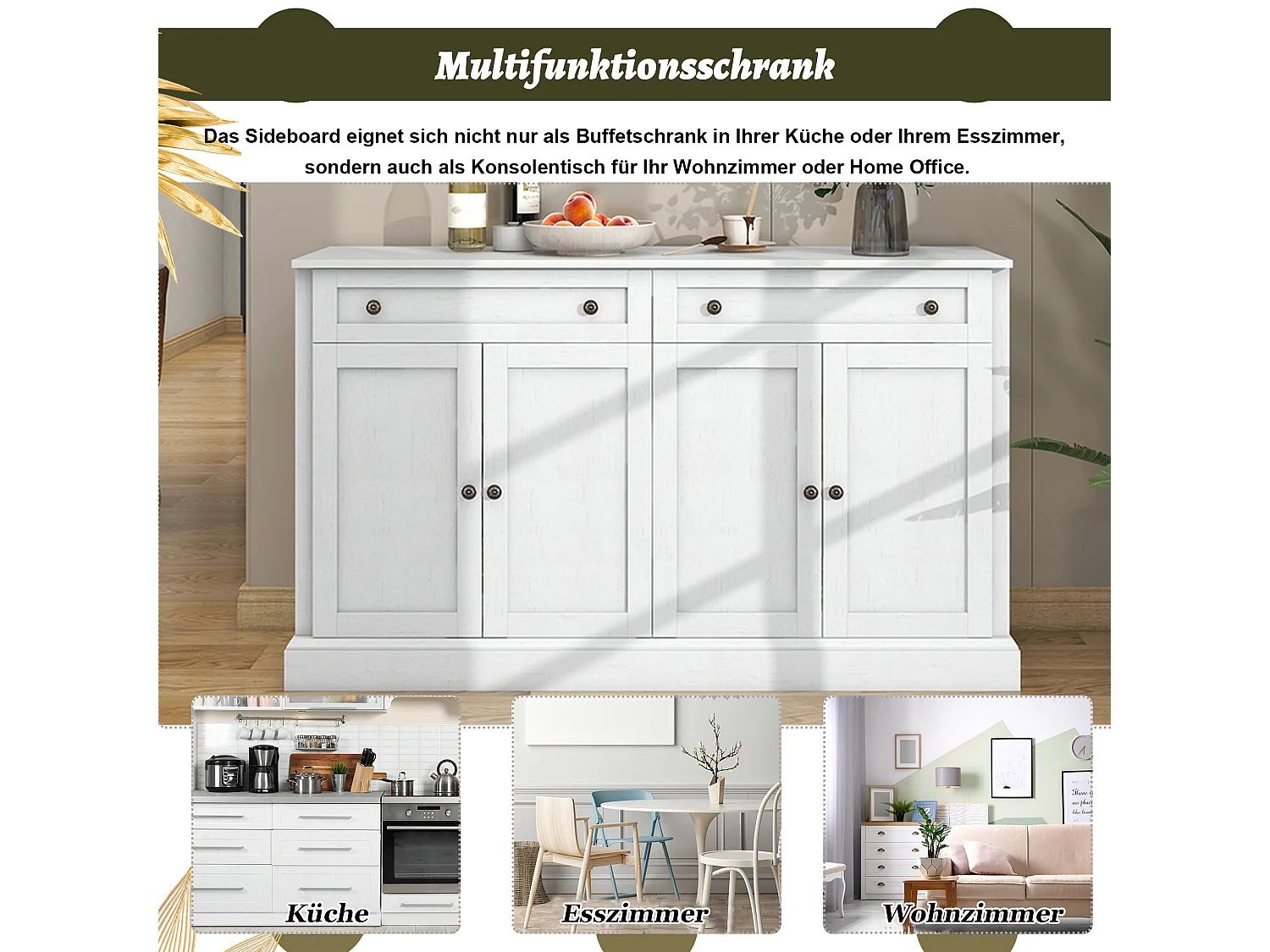 Sideboard mit 4 Türen und 2 Schubladen – MDF-Holz und Metallgriffe – Farbe Eiche und Weiß – 150 x 40 x 86 cm
