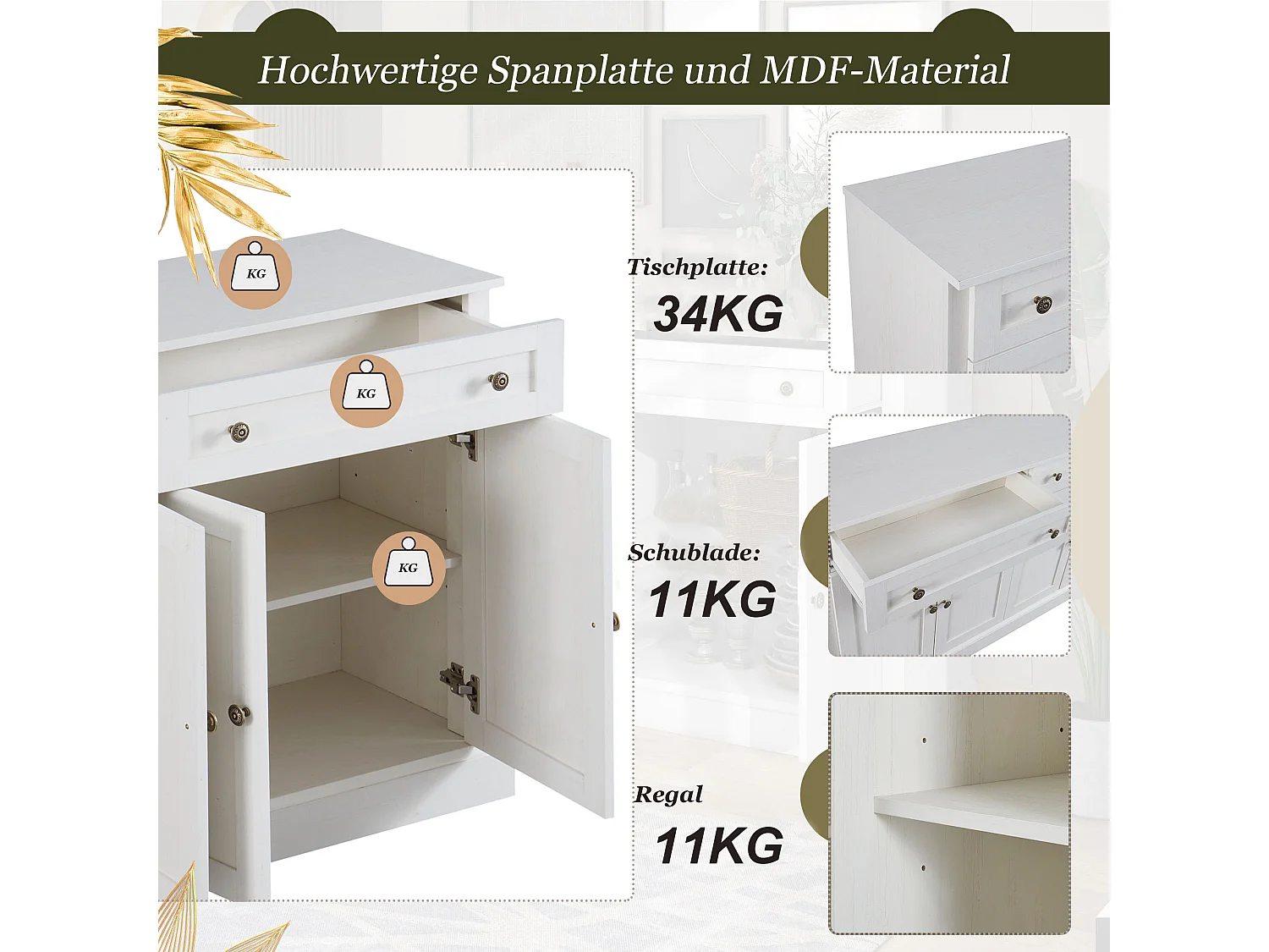Sideboard mit 4 Türen und 2 Schubladen – MDF-Holz und Metallgriffe – Farbe Eiche und Weiß – 150 x 40 x 86 cm