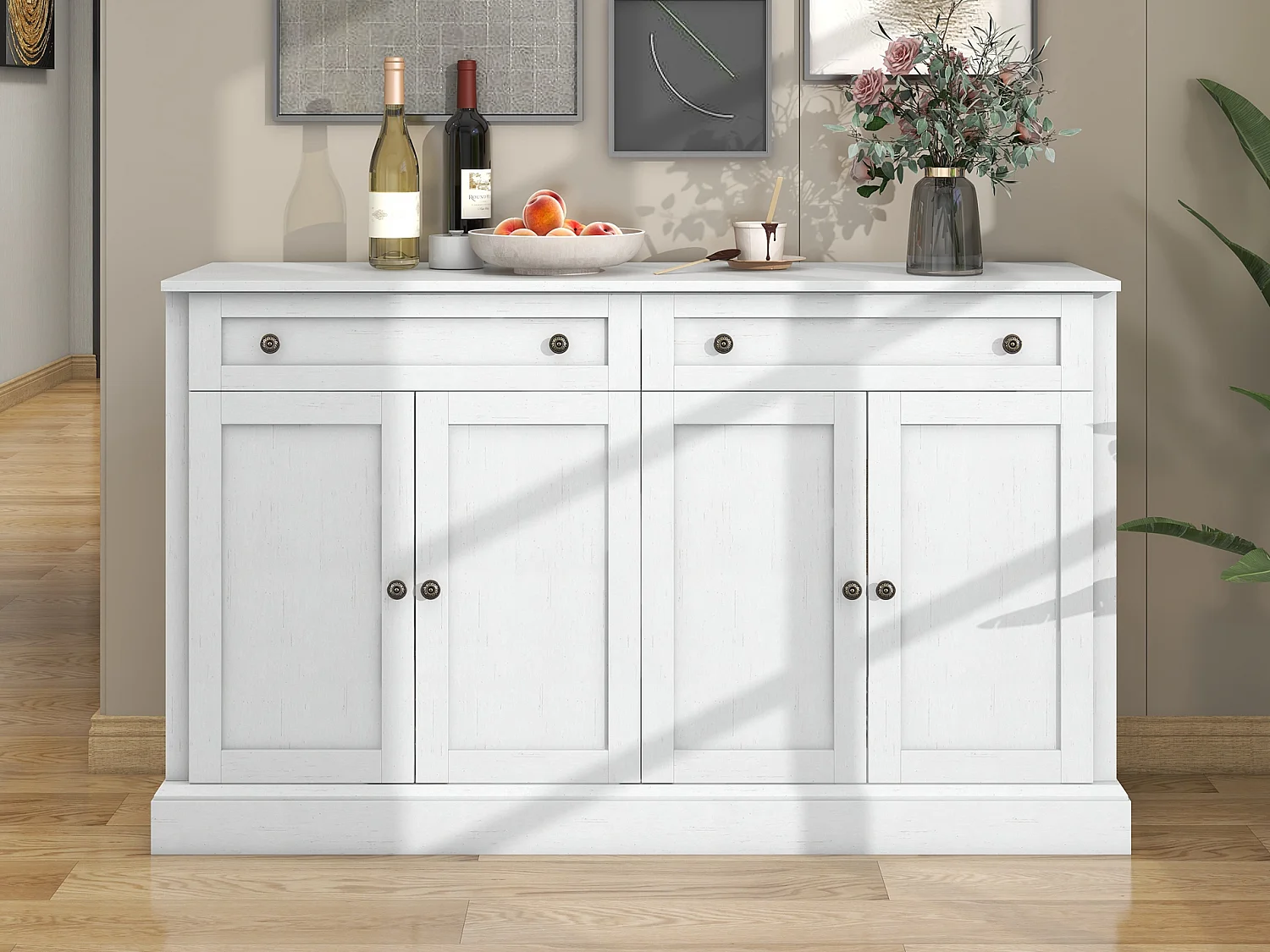 Sideboard mit 4 Türen und 2 Schubladen – MDF-Holz und Metallgriffe – Farbe Eiche und Weiß – 150 x 40 x 86 cm