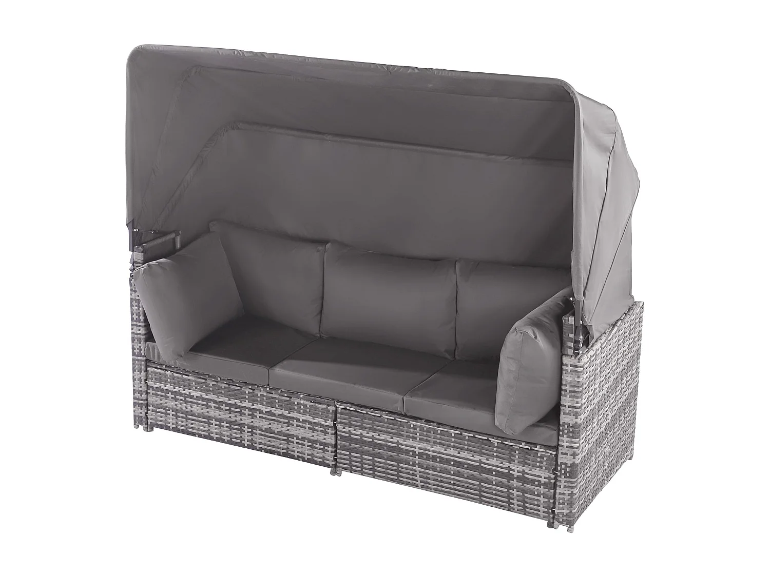Tuinmeubelset van kunstharsriet: 3-zitsbank met opklapbaar dak + 2 fauteuils + 1 poef + salontafel - Inclusief 13 zit- en rugkussens - Grijs