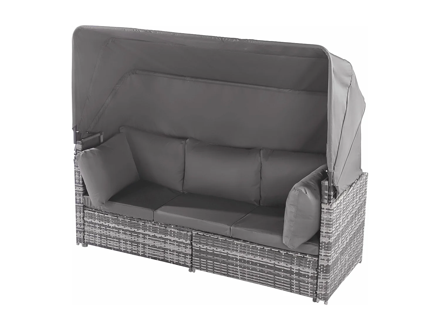 Tuinmeubelset van kunstharsriet: 3-zitsbank met opklapbaar dak + 2 fauteuils + 1 poef + salontafel - Inclusief 13 zit- en rugkussens - Grijs