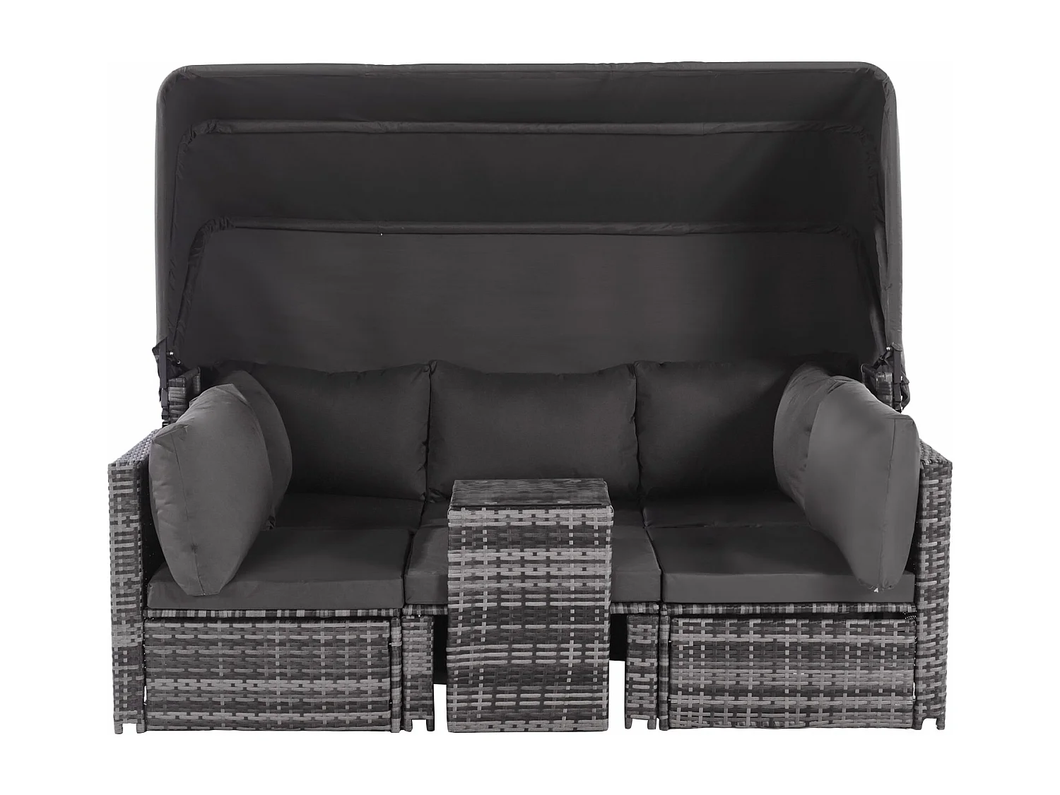 Tuinmeubelset van kunstharsriet: 3-zitsbank met opklapbaar dak + 2 fauteuils + 1 poef + salontafel - Inclusief 13 zit- en rugkussens - Grijs