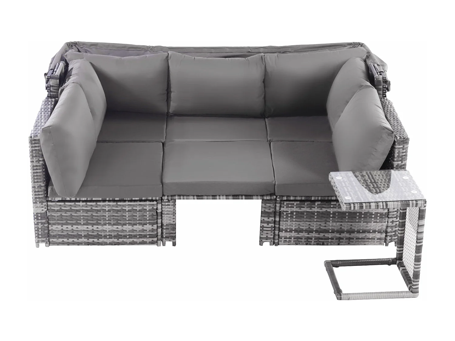 Tuinmeubelset van kunstharsriet: 3-zitsbank met opklapbaar dak + 2 fauteuils + 1 poef + salontafel - Inclusief 13 zit- en rugkussens - Grijs
