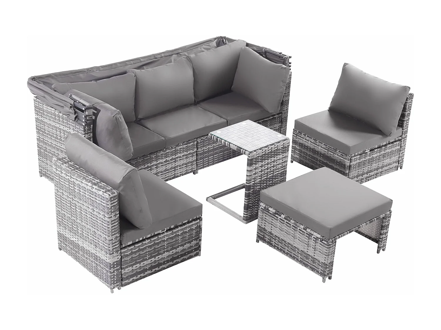 Tuinmeubelset van kunstharsriet: 3-zitsbank met opklapbaar dak + 2 fauteuils + 1 poef + salontafel - Inclusief 13 zit- en rugkussens - Grijs