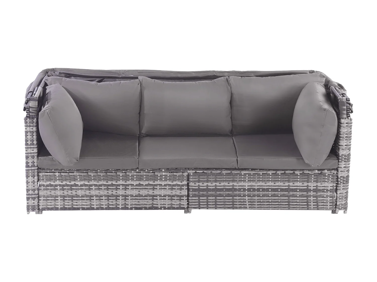 Tuinmeubelset van kunstharsriet: 3-zitsbank met opklapbaar dak + 2 fauteuils + 1 poef + salontafel - Inclusief 13 zit- en rugkussens - Grijs