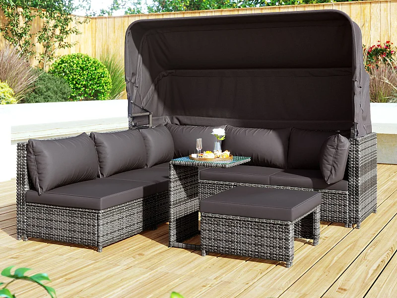 Salon de jardin en résine tressée: canapé 3 places avec toit pliable + 2 fauteuils + 1 pouf + table basse - 13 coussins assise & dossier fournis - Gris