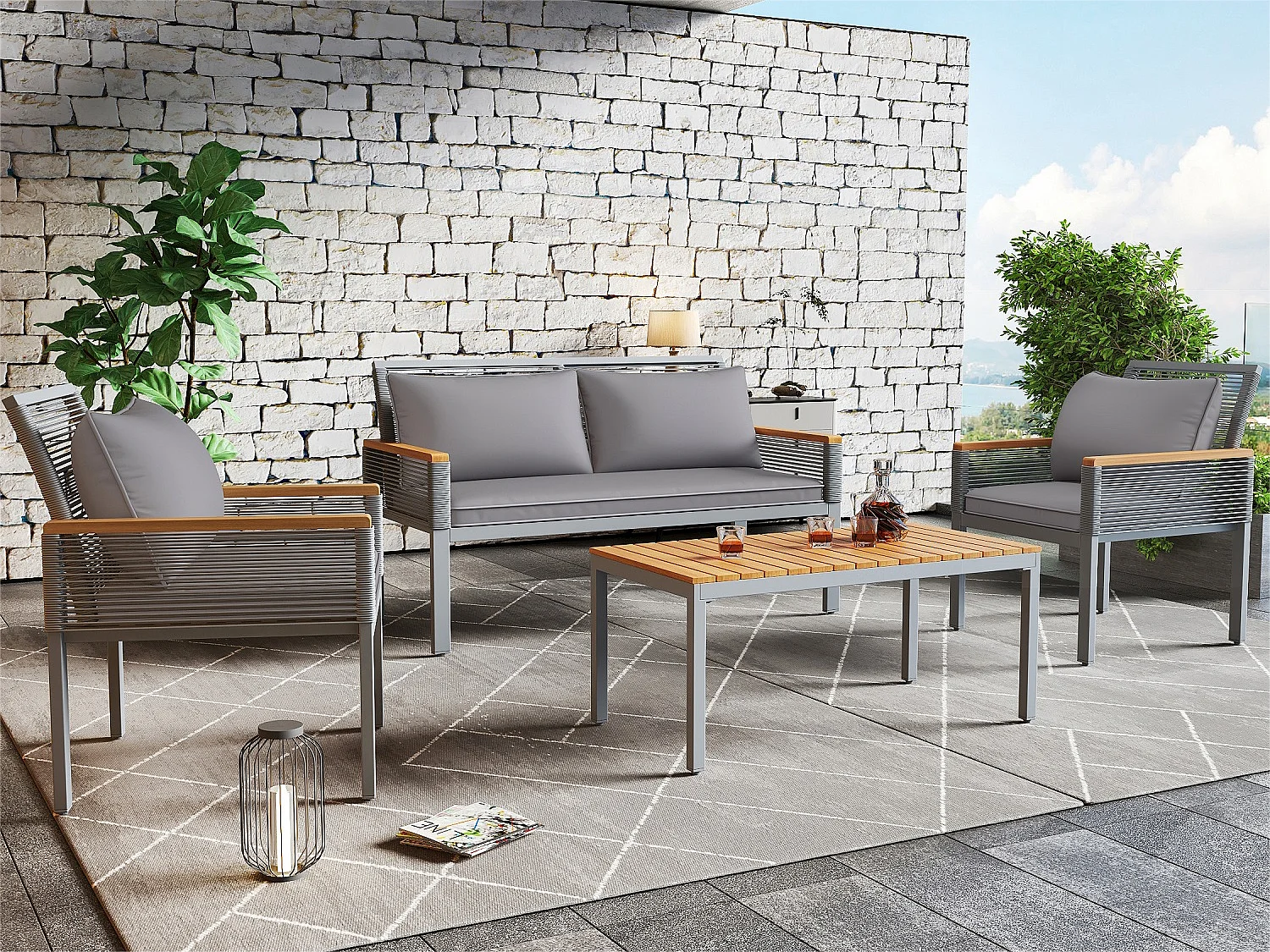 Salon de jardin en métal: un canapé 2 places + 2 fauteuils + 1 table basse - gris + bois naturel